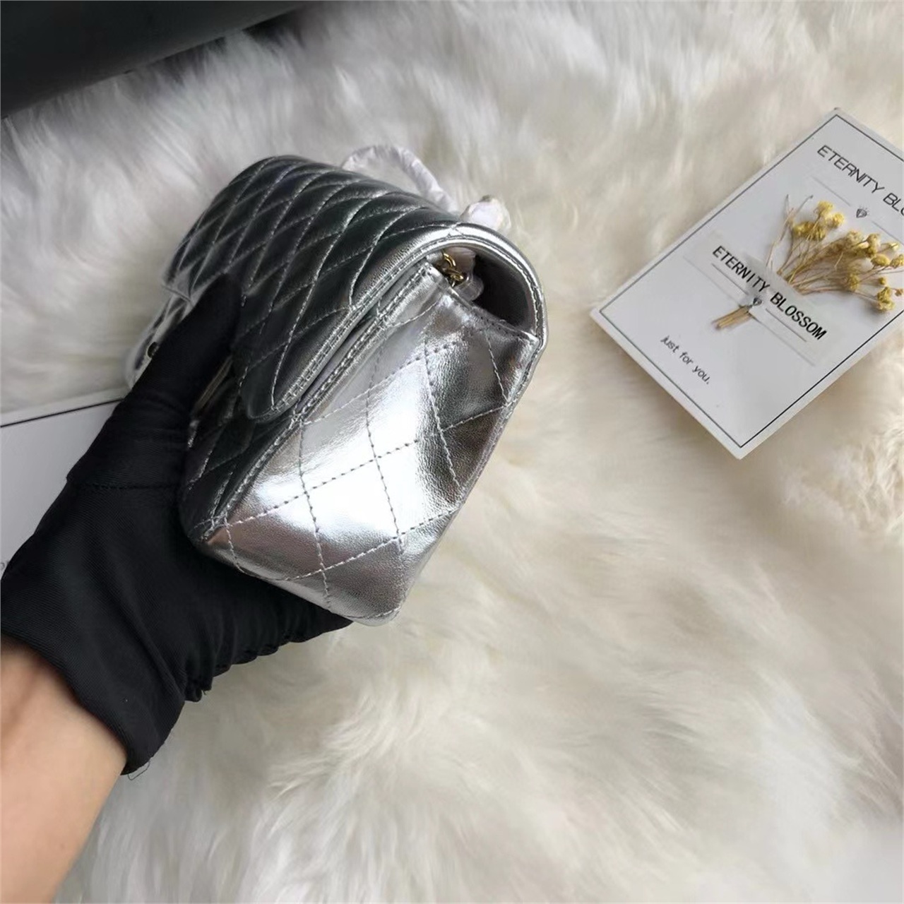 CHANEL Silver Metallic Sheepskin CF Mini Diamond Grid Chain Bag