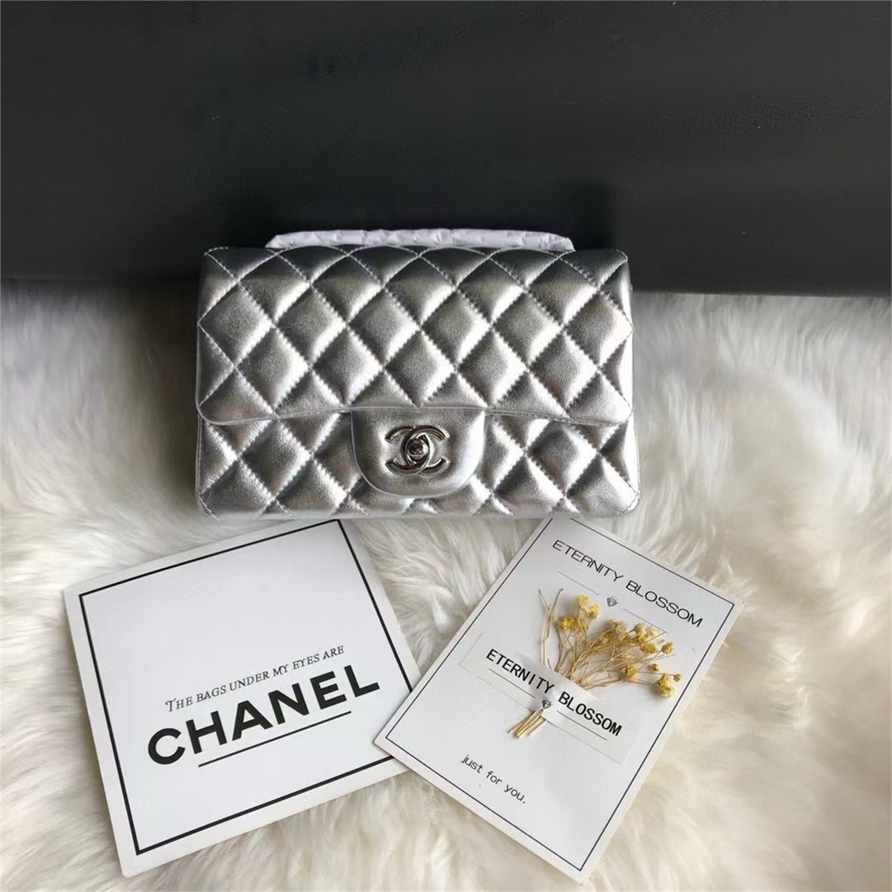 CHANEL Silver Metallic Sheepskin CF Mini Diamond Grid Chain Bag