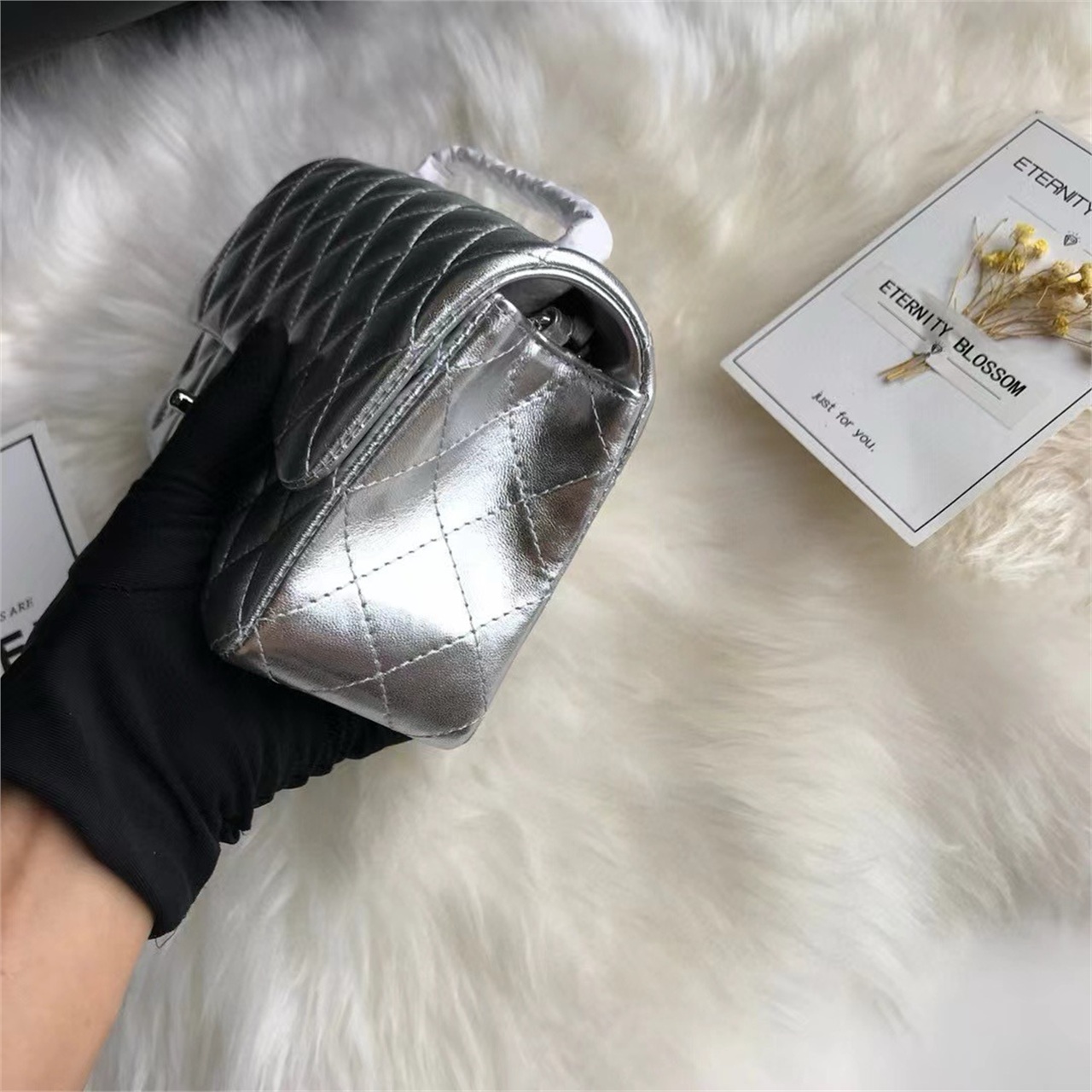 CHANEL Silver Metallic Sheepskin CF Mini Diamond Grid Chain Bag