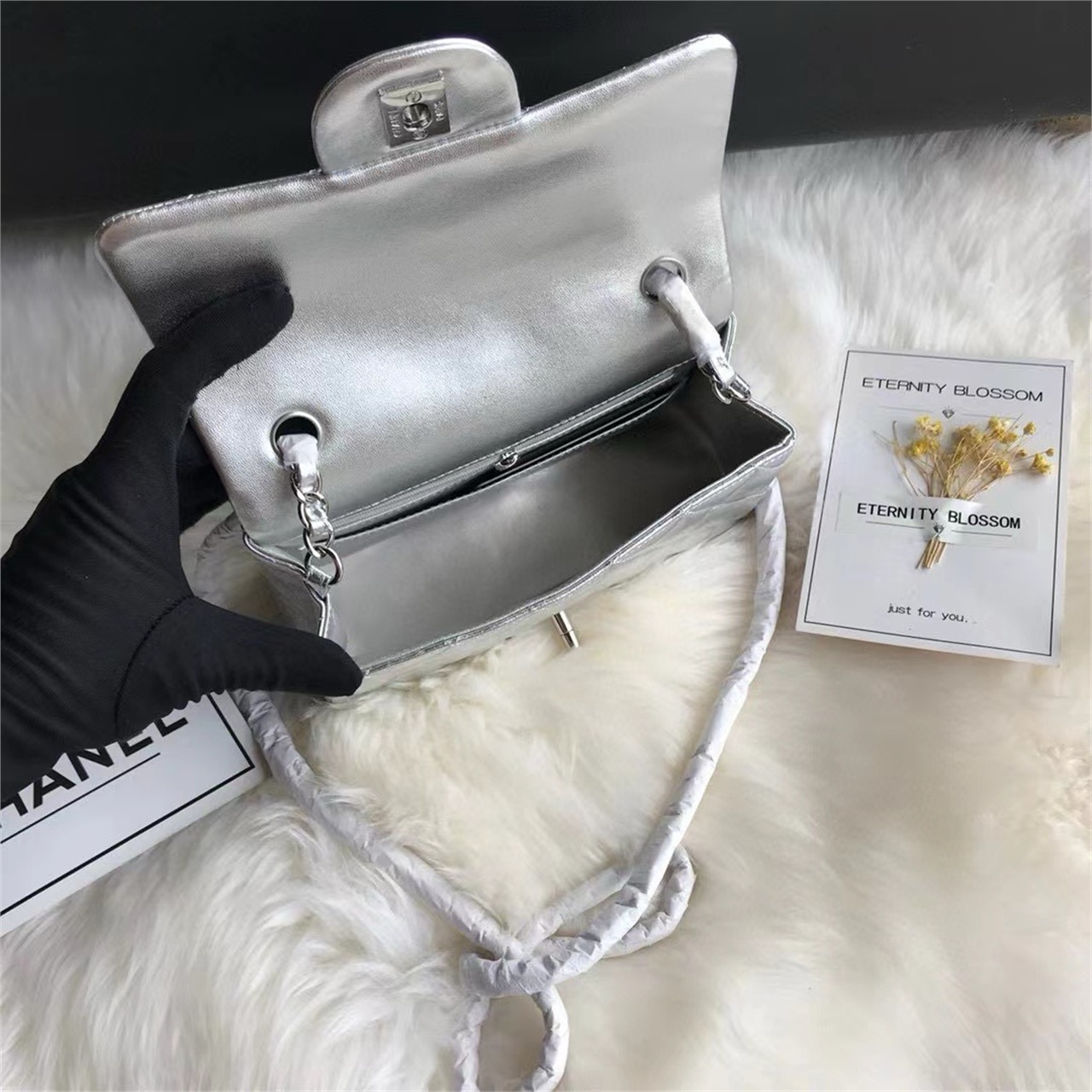 CHANEL Silver Metallic Sheepskin CF Mini Diamond Grid Chain Bag