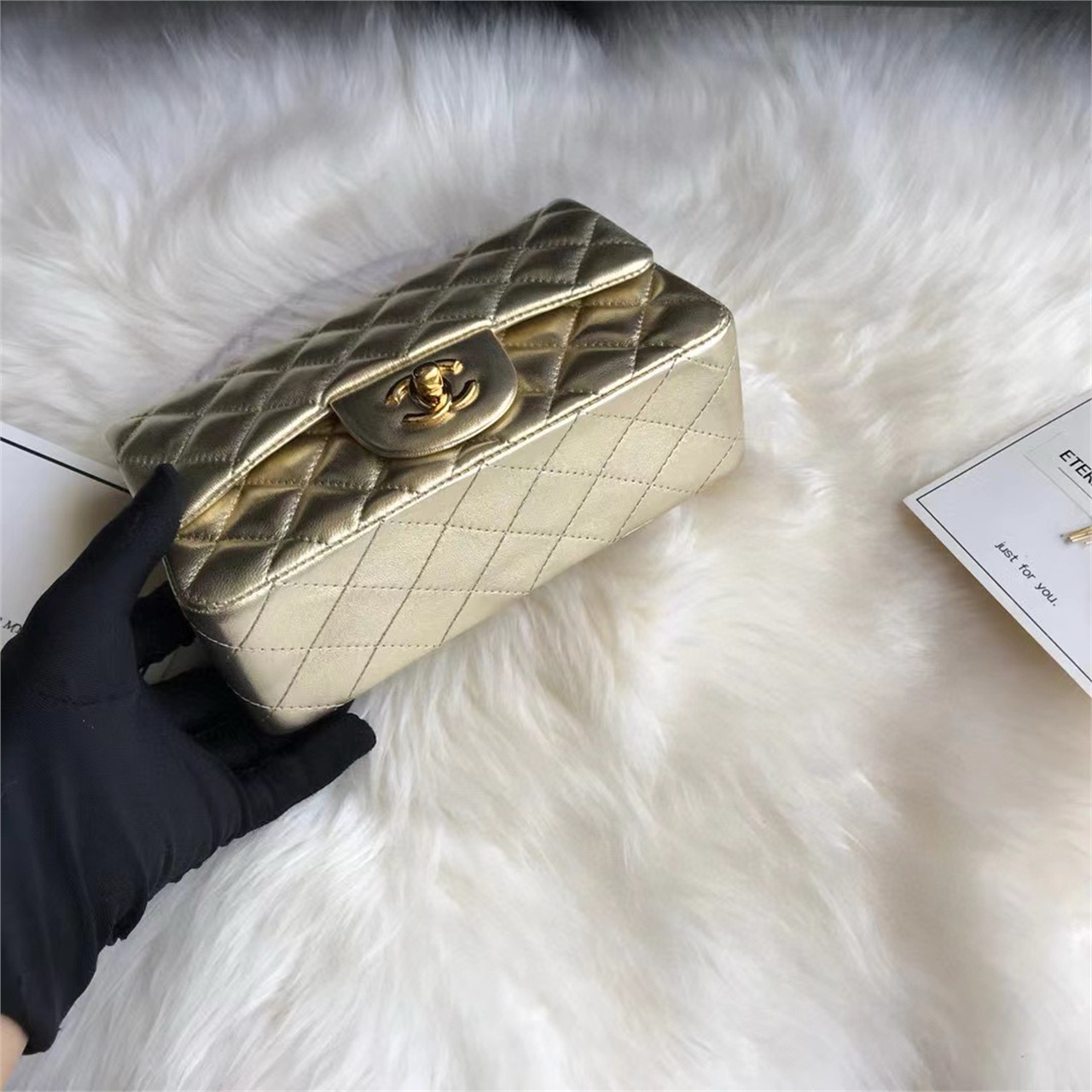 CHANEL Gold Metallic Sheepskin CF Mini Diamond Grid Chain Bag