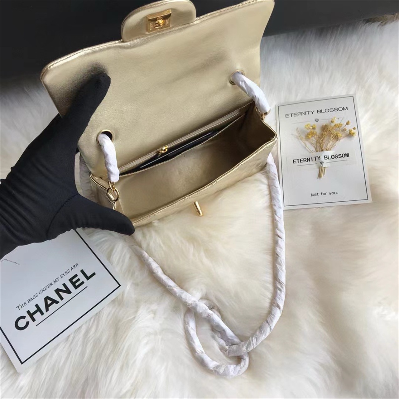 CHANEL Gold Metallic Sheepskin CF Mini Diamond Grid Chain Bag