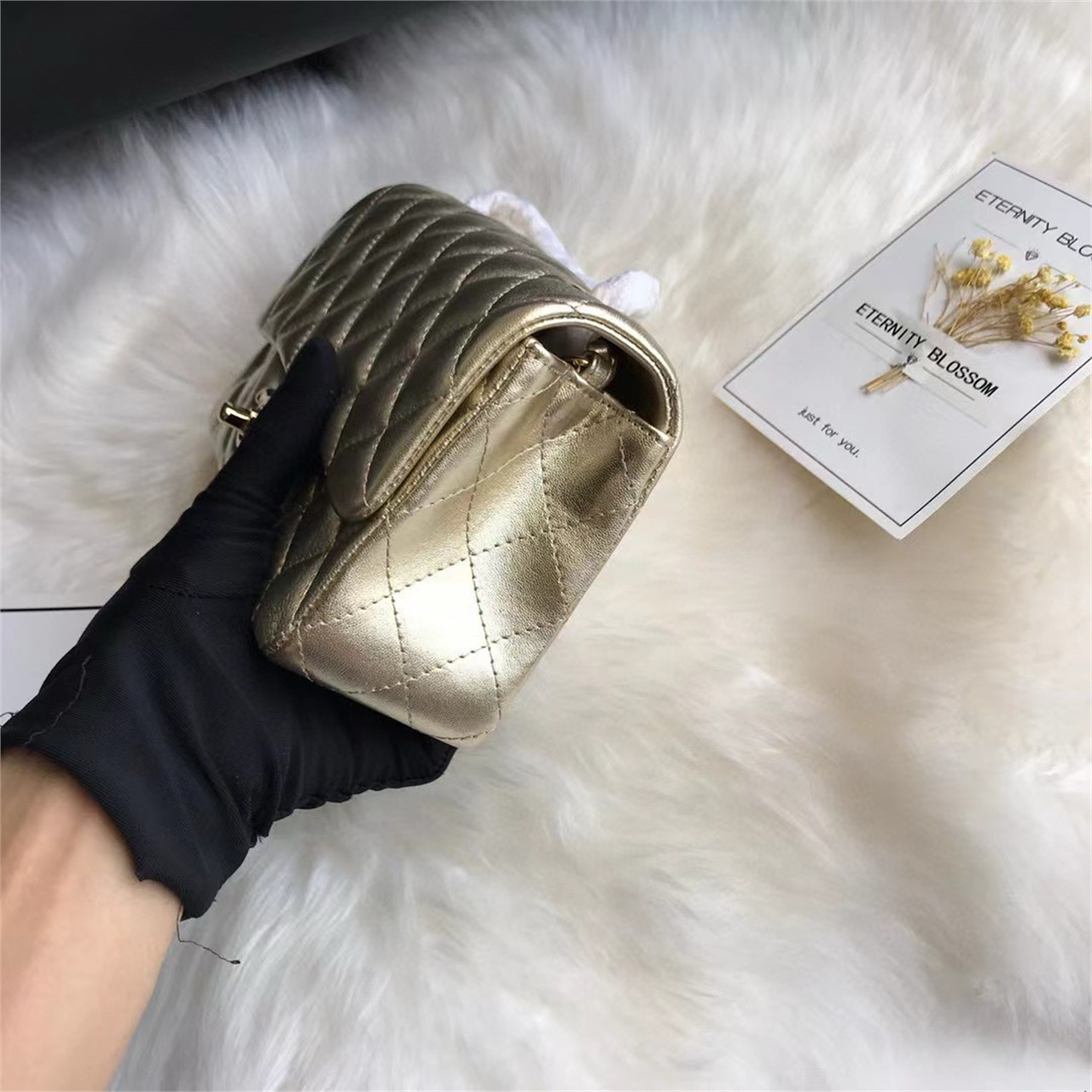 CHANEL Gold Metallic Sheepskin CF Mini Diamond Grid Chain Bag