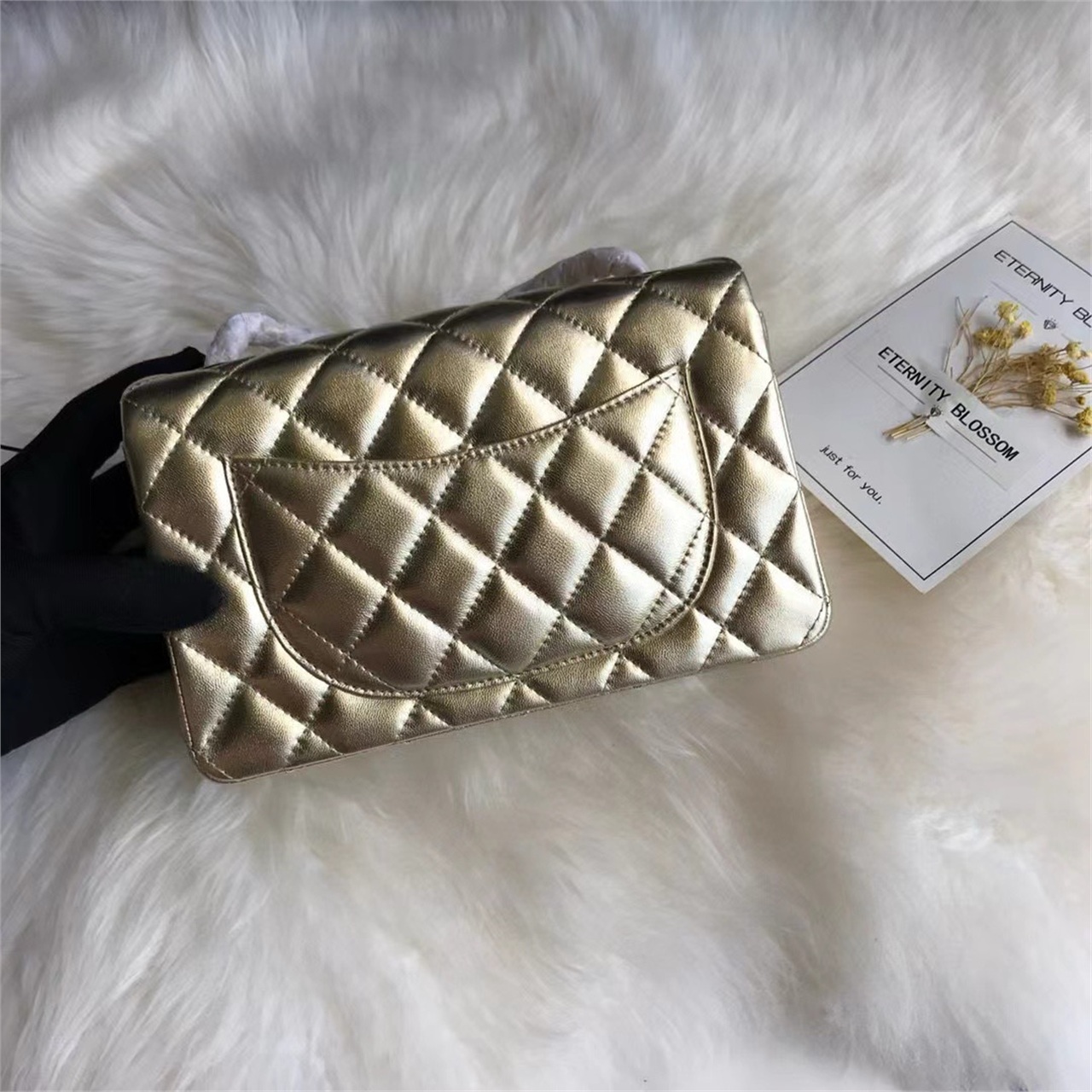 CHANEL Gold Metallic Sheepskin CF Mini Diamond Grid Chain Bag