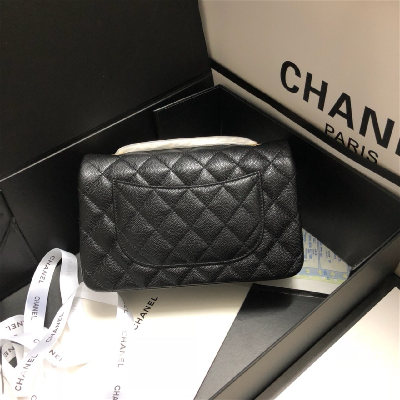 CHANEL black caviar cowhide silver buckle CF mini chain bag