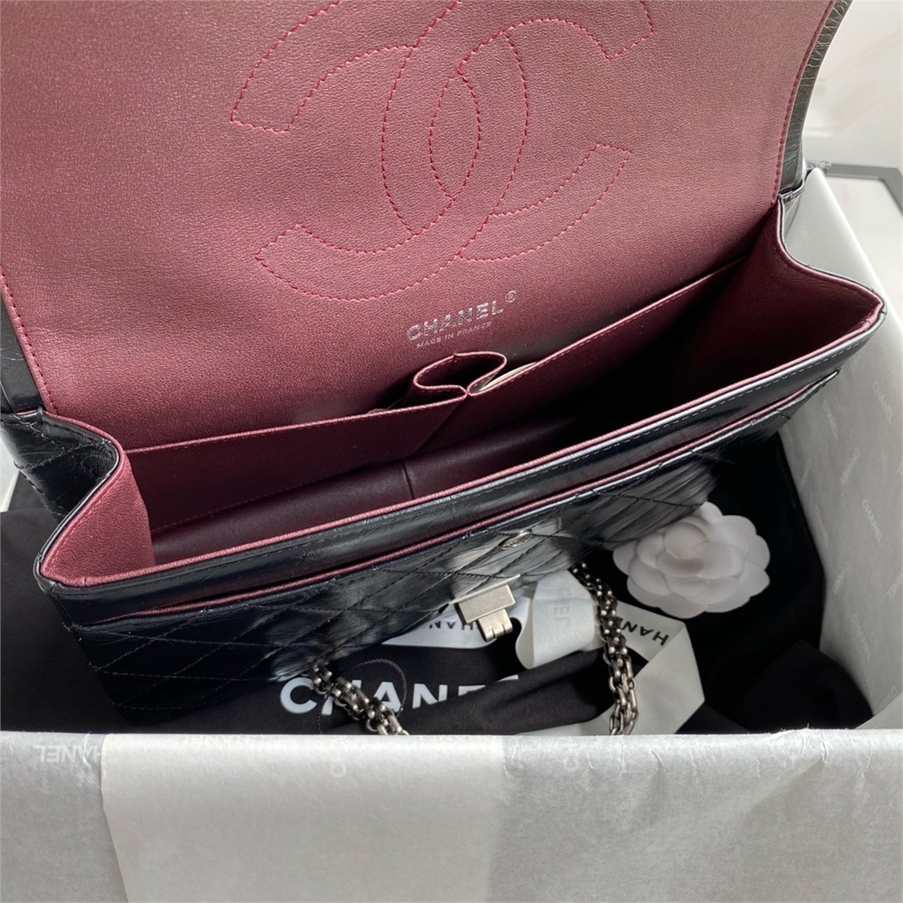 CHANEL black distressed oil wax cowhide silver buckle Leboy medium chain bag