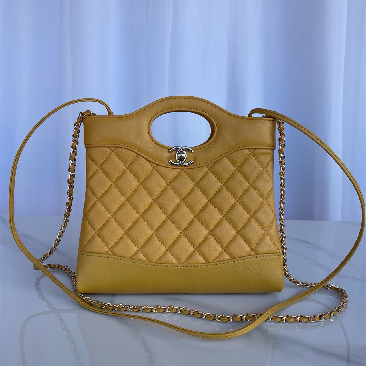 CHANEL Yellow Black Color blocked Lacquer Lingge 31 Mini Handheld Chain Bag