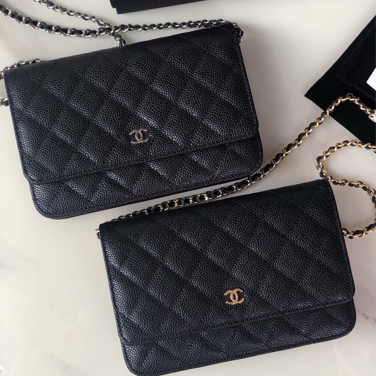 CHANEL white caviar cowhide gold label WOC chain wealth bag