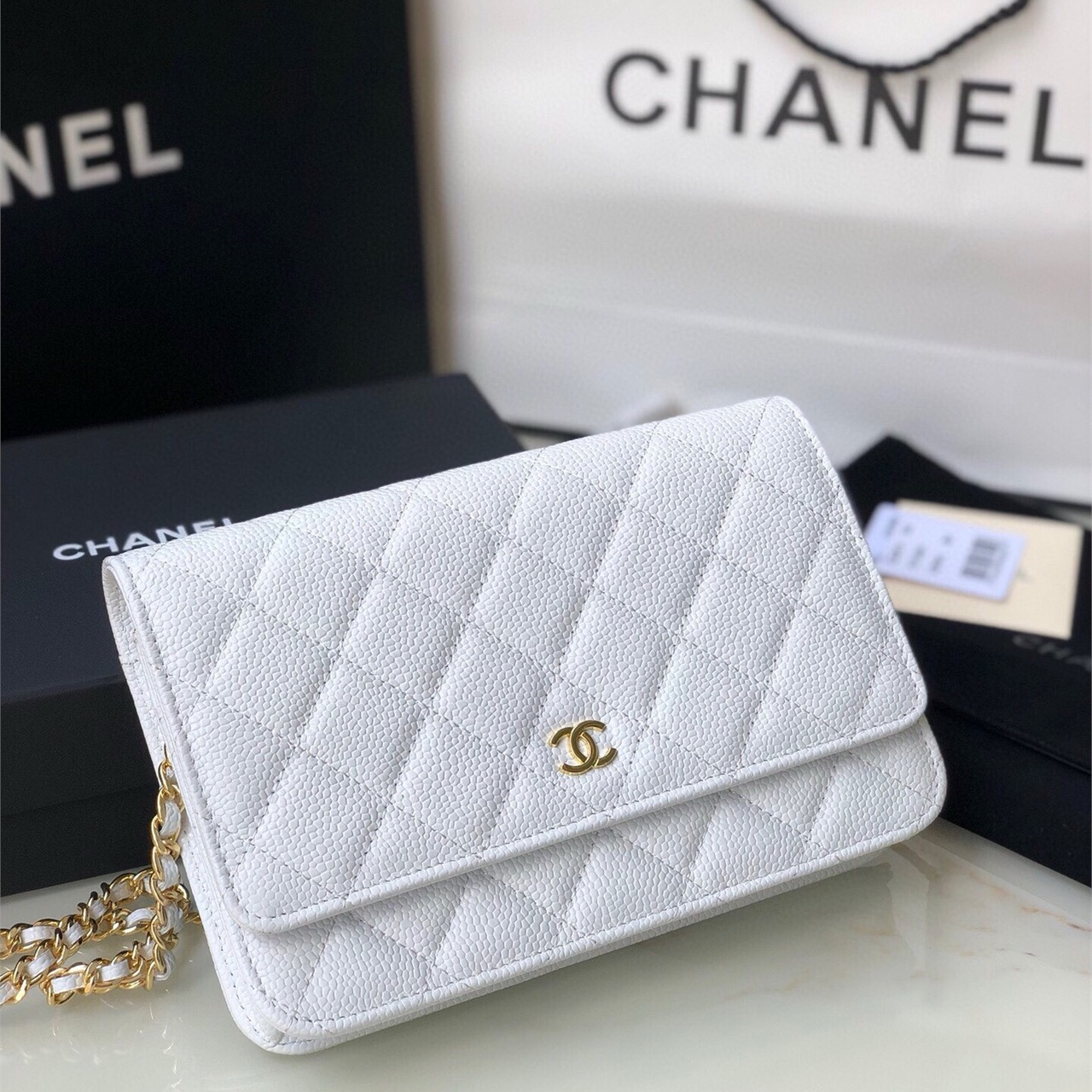 CHANEL white caviar cowhide gold label WOC chain wealth bag