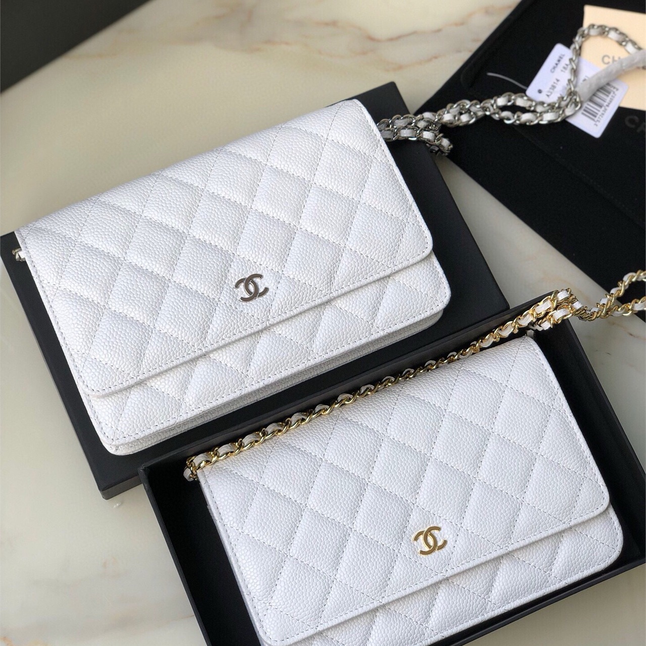 CHANEL white caviar cowhide gold label WOC chain wealth bag