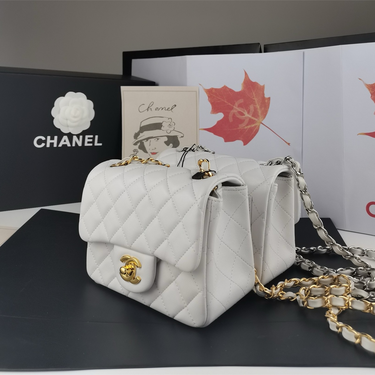 CHANEL white soft light lambskin gold buckle CF mini square fat chain bag