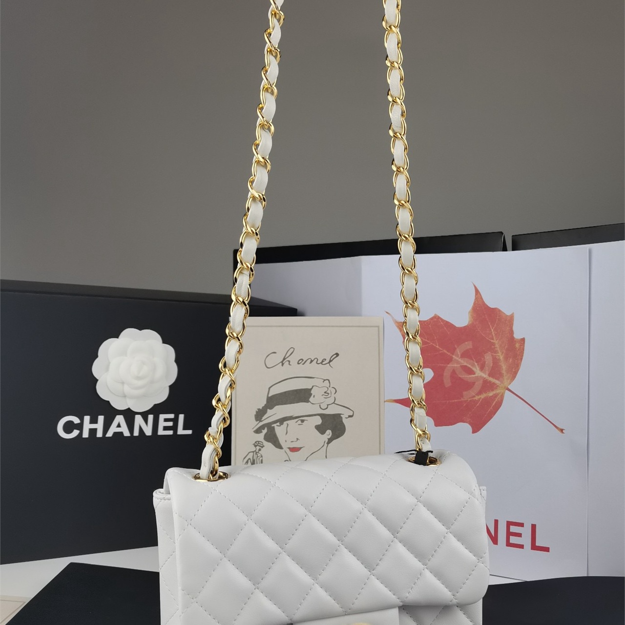 CHANEL white soft light lambskin gold buckle CF mini square fat chain bag