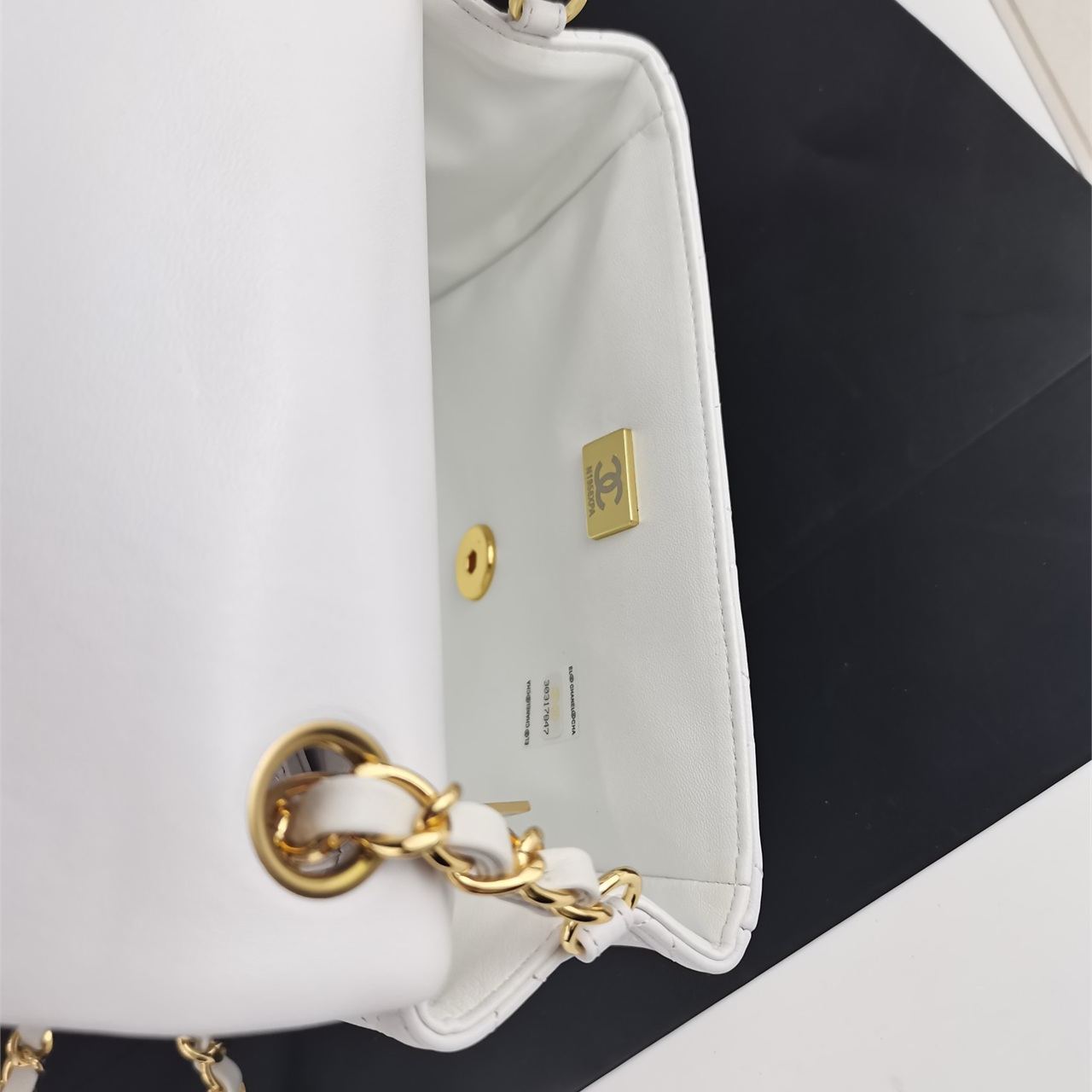 CHANEL white soft light lambskin gold buckle CF mini square fat chain bag