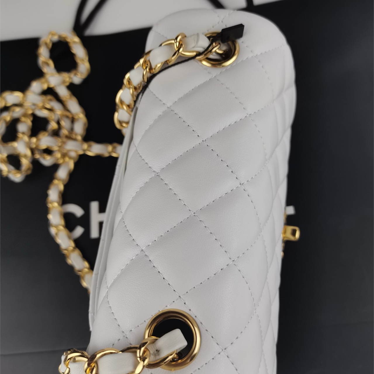 CHANEL white soft light lambskin gold buckle CF mini square fat chain bag