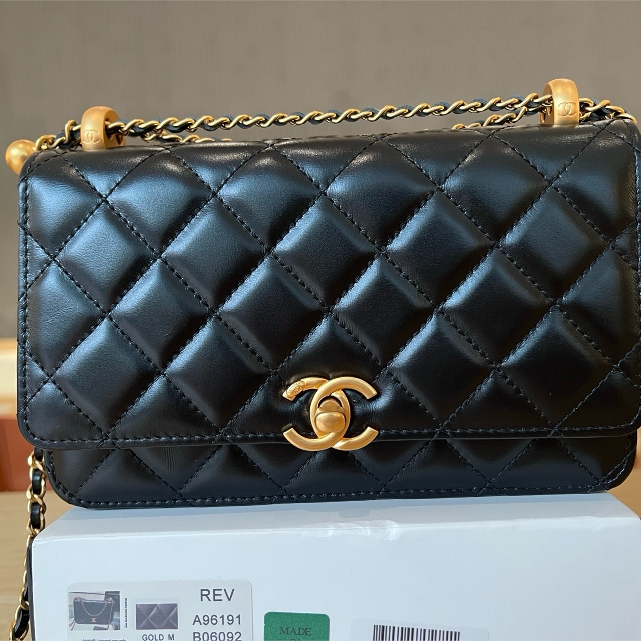 CHANEL Black Shiny Sheepskin Retro Golden Ball CF Mini Chain Bag