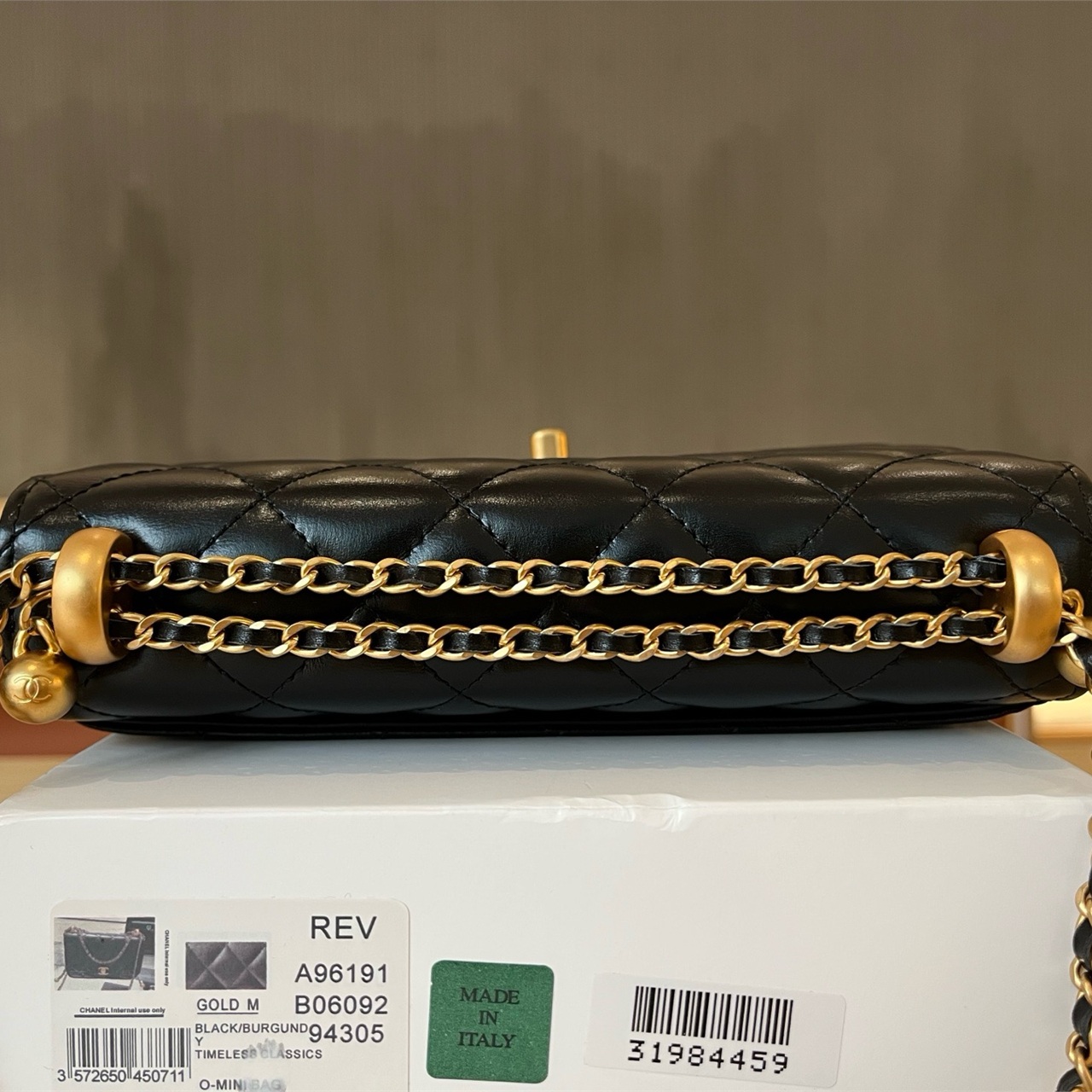 CHANEL Black Shiny Sheepskin Retro Golden Ball CF Mini Chain Bag