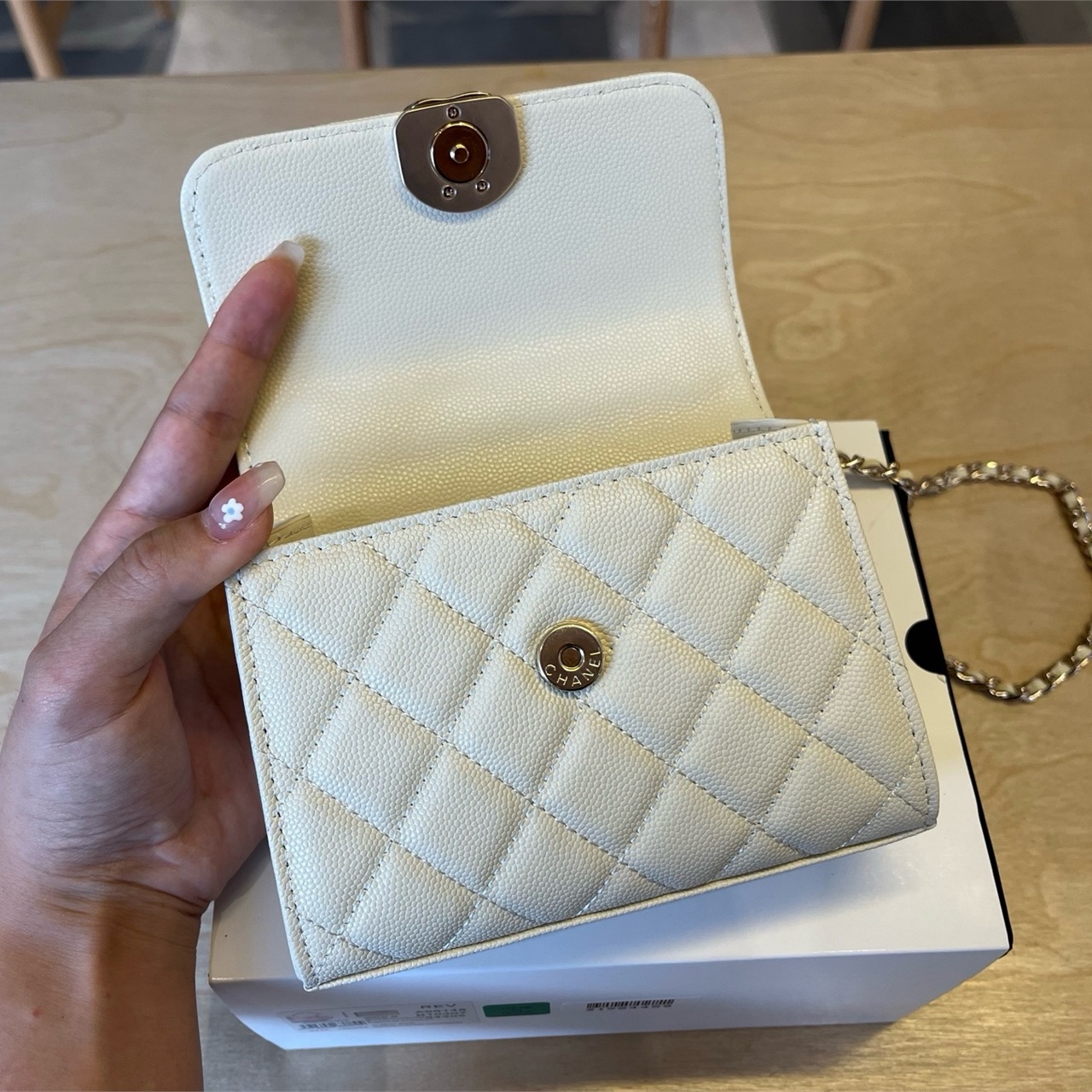 CHANEL beige caviar leather woven double C handheld mini square box chain bag