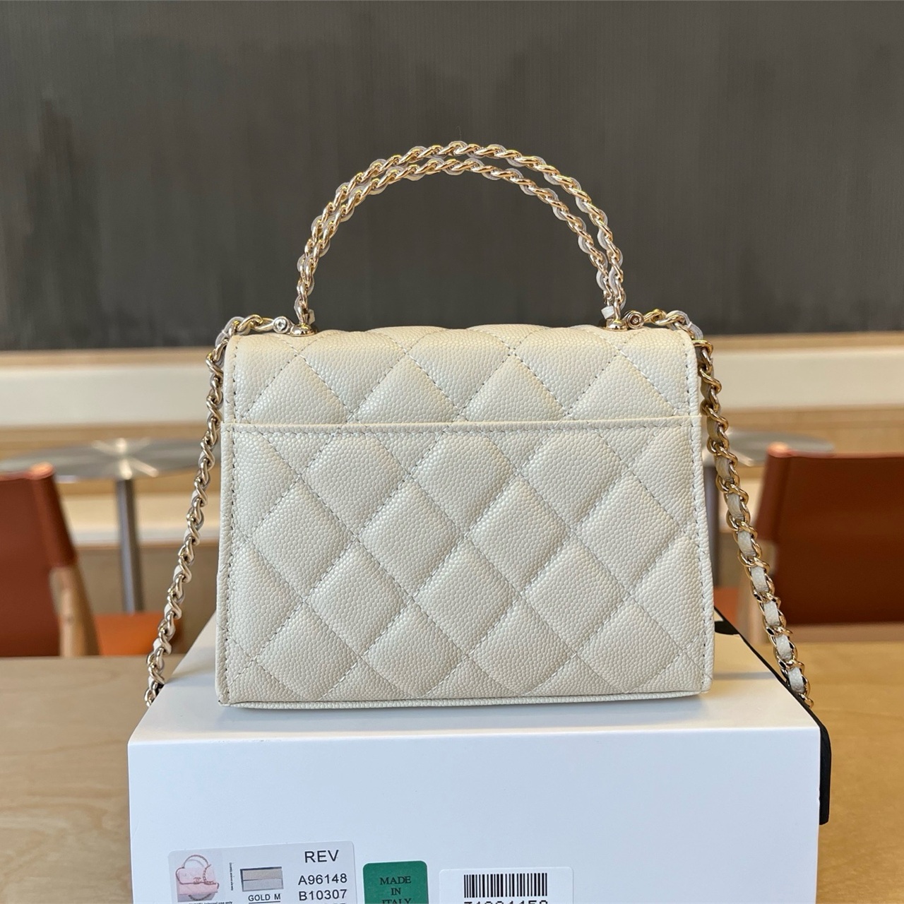 CHANEL beige caviar leather woven double C handheld mini square box chain bag