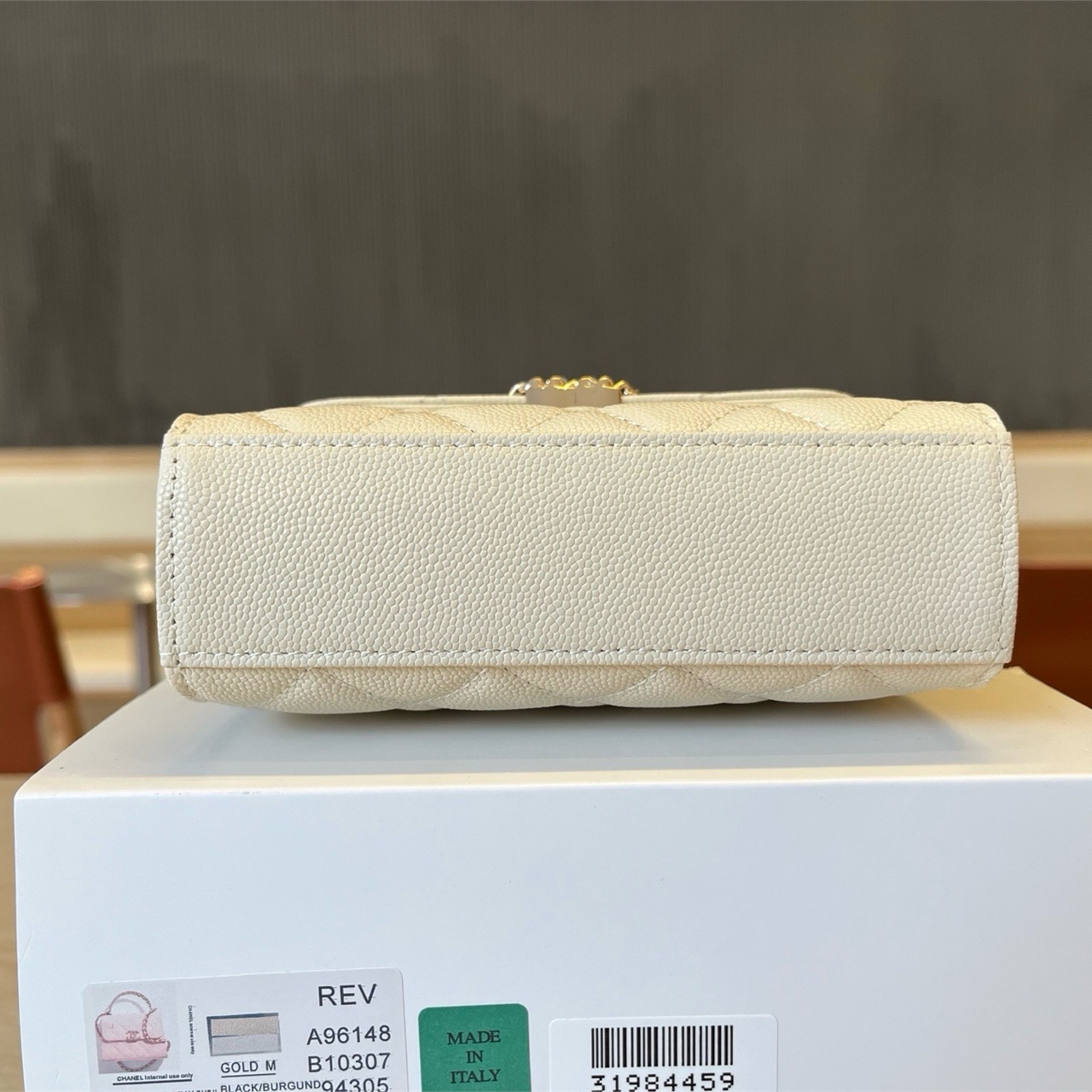 CHANEL beige caviar leather woven double C handheld mini square box chain bag