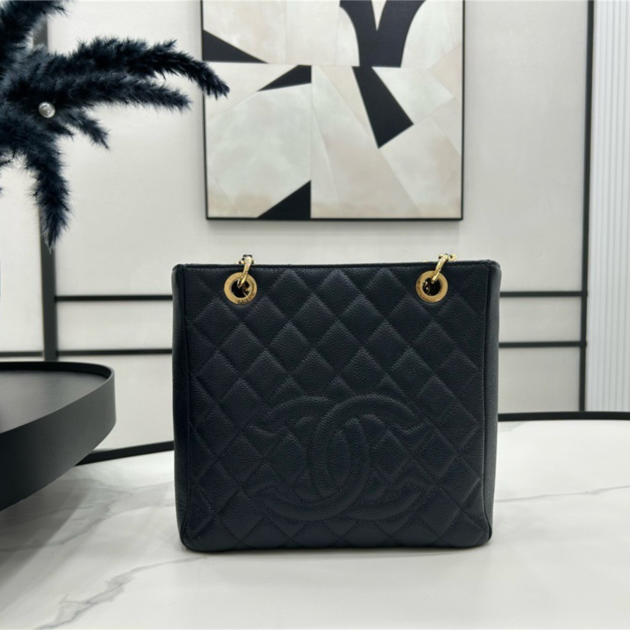 CHANEL milk white caviar cowhide embossed double C vertical tote chain bag