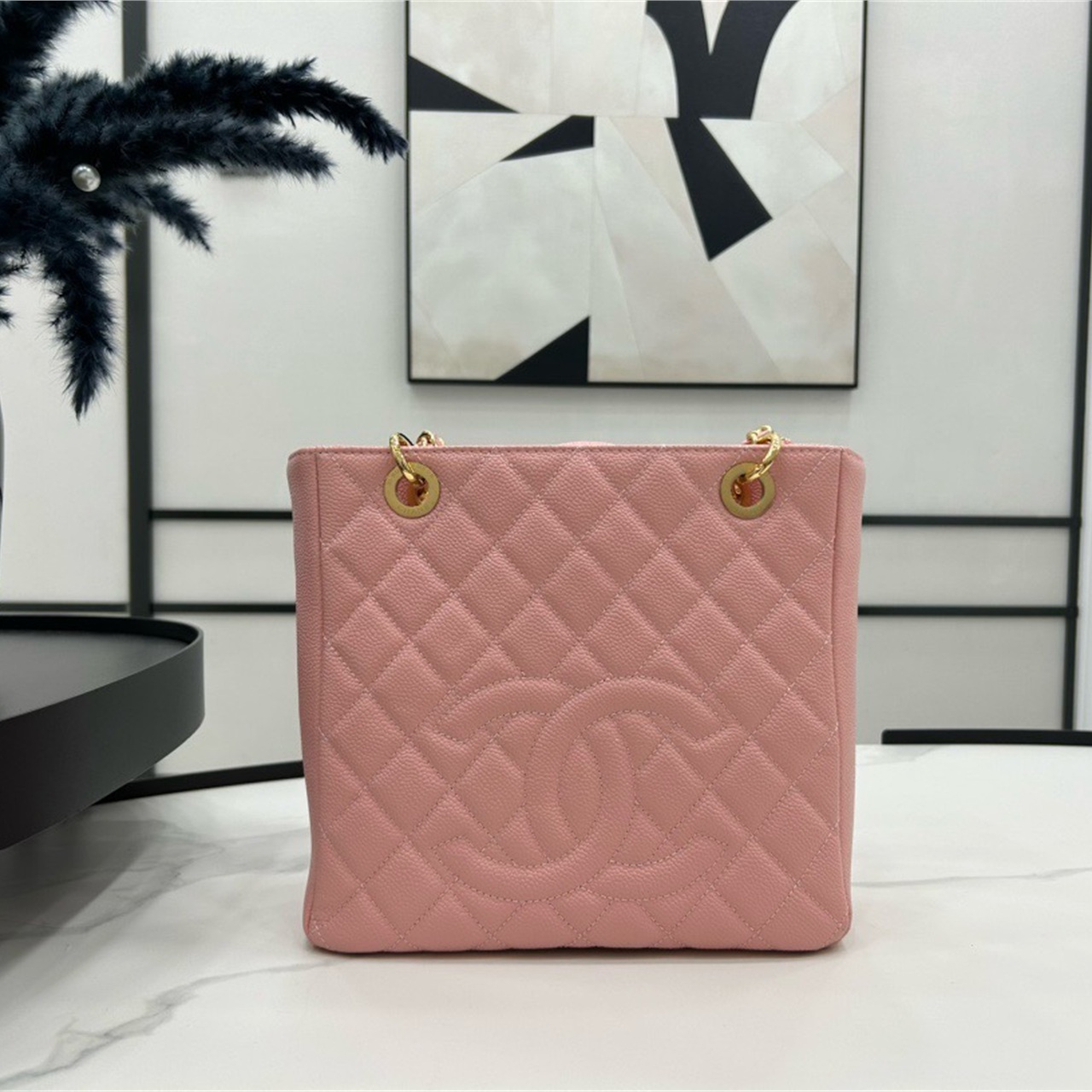 CHANEL milk white caviar cowhide embossed double C vertical tote chain bag
