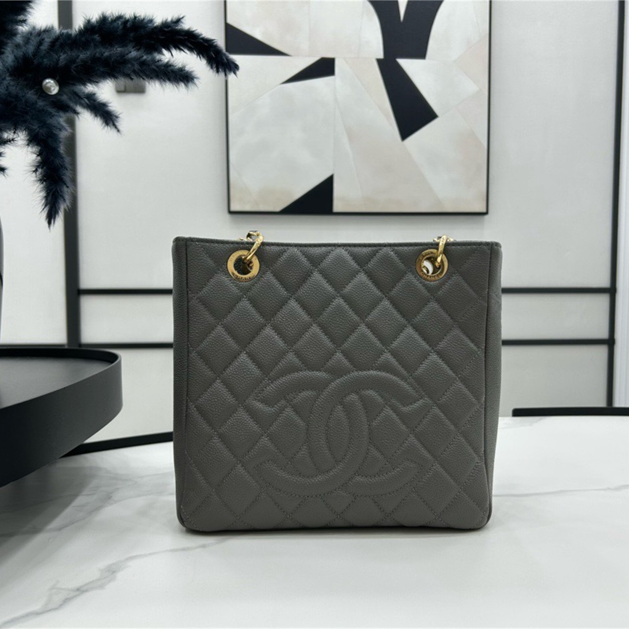 CHANEL milk white caviar cowhide embossed double C vertical tote chain bag