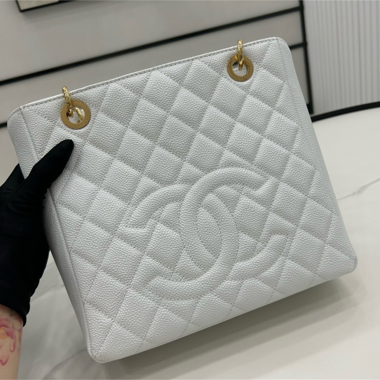 CHANEL milk white caviar cowhide embossed double C vertical tote chain bag