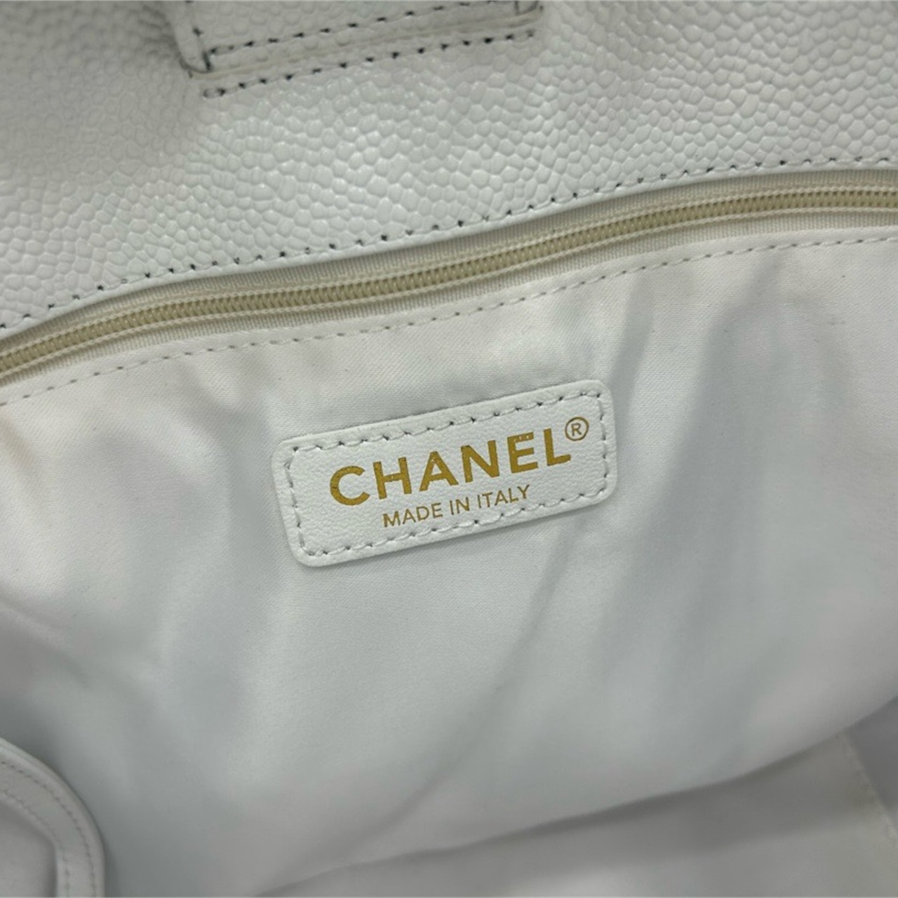 CHANEL milk white caviar cowhide embossed double C vertical tote chain bag