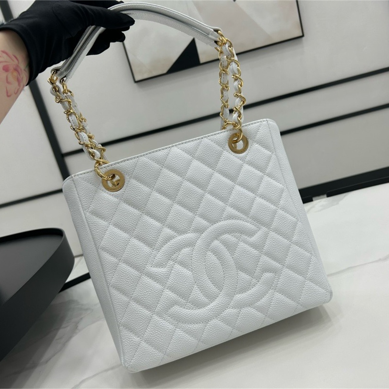 CHANEL milk white caviar cowhide embossed double C vertical tote chain bag