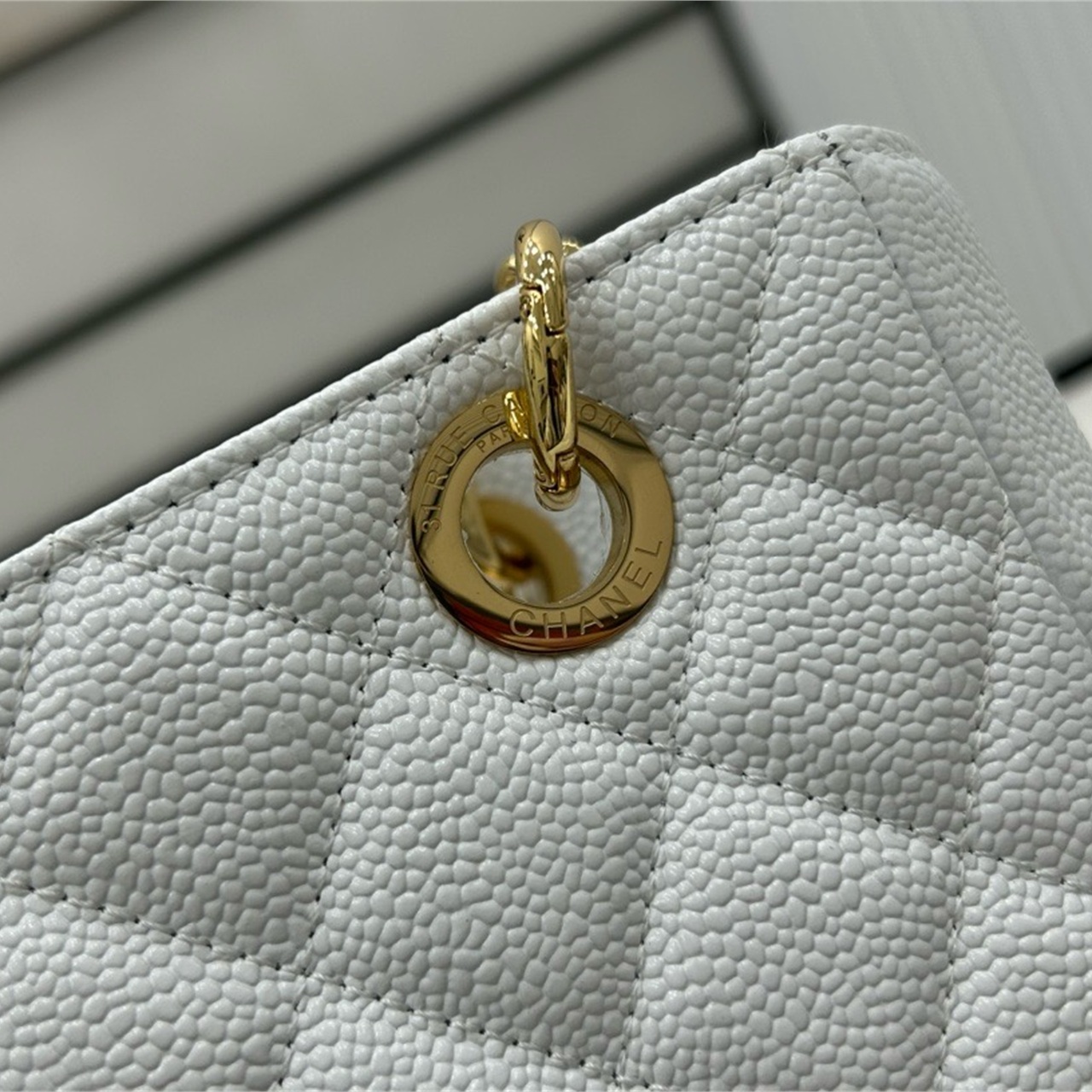 CHANEL milk white caviar cowhide embossed double C vertical tote chain bag