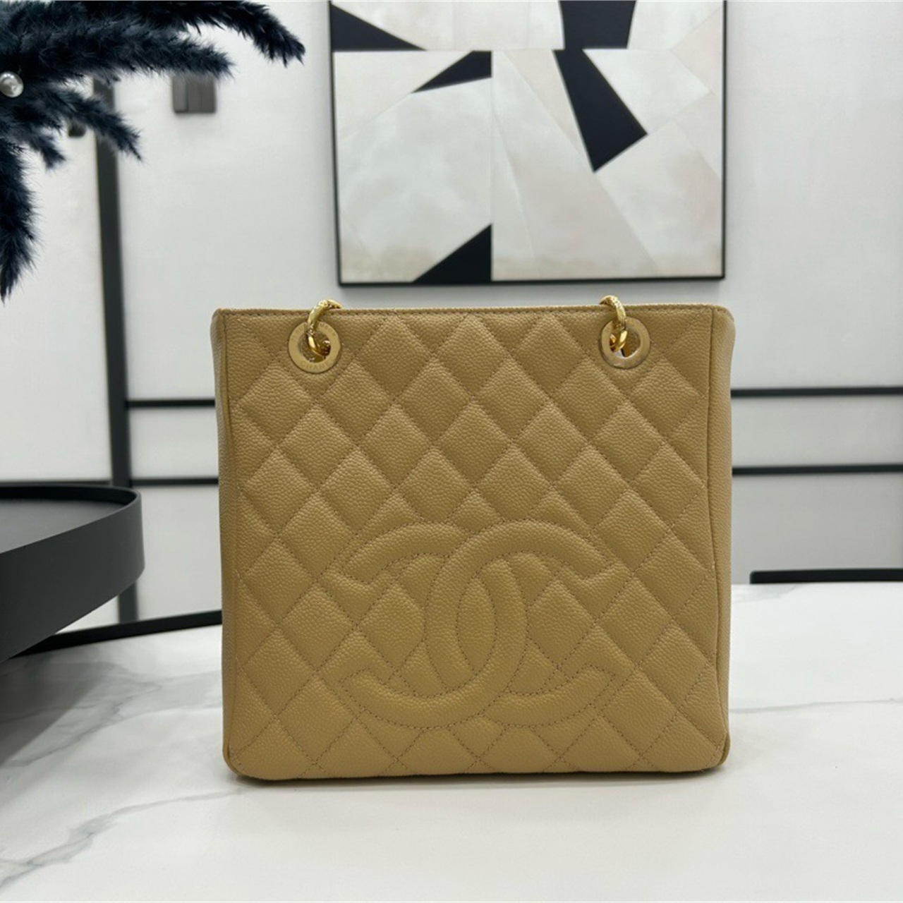CHANEL milk white caviar cowhide embossed double C vertical tote chain bag