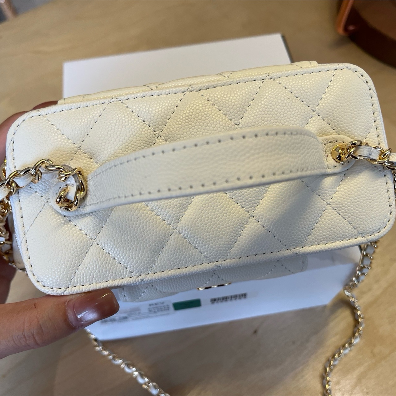 CHANEL Milk White Caviar Leather Handheld Makeup Box Chain Bag