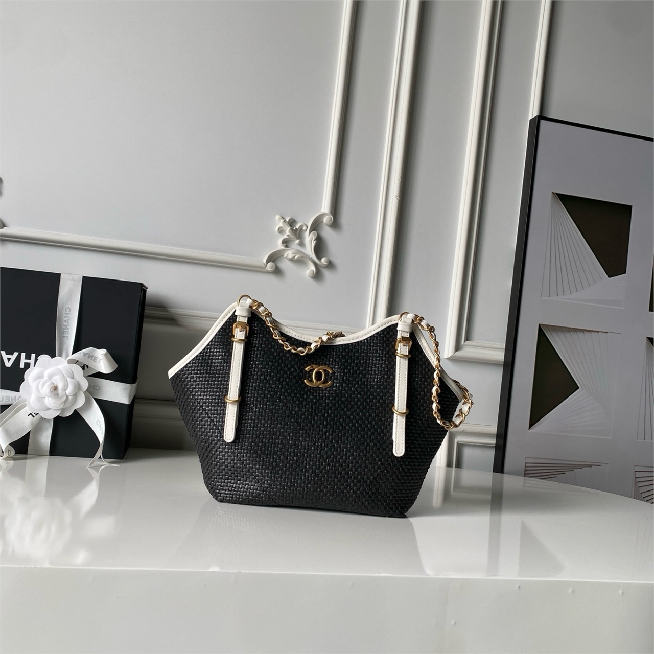 CHANEL white grass woven black leather drawstring tote chain bag