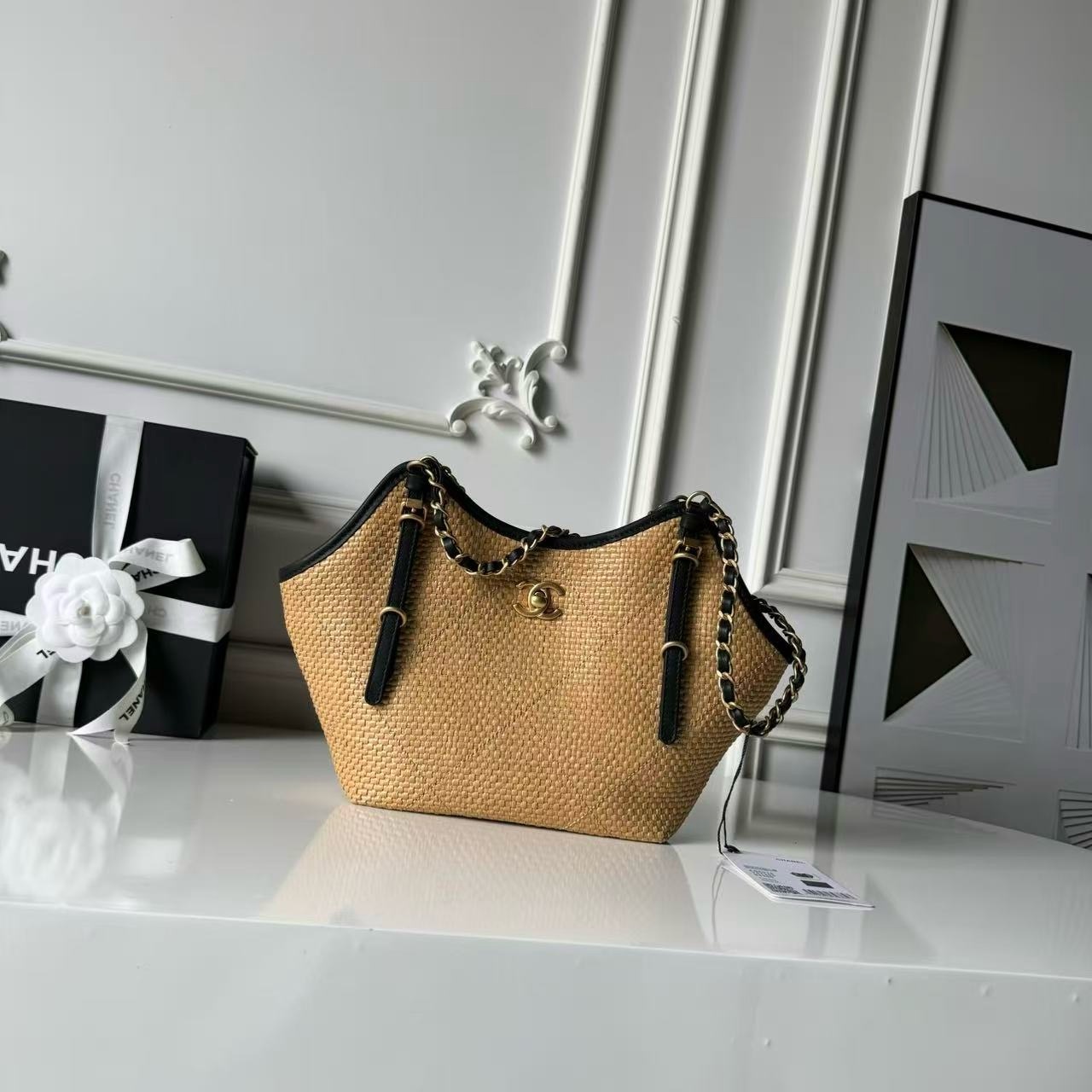CHANEL white grass woven black leather drawstring tote chain bag