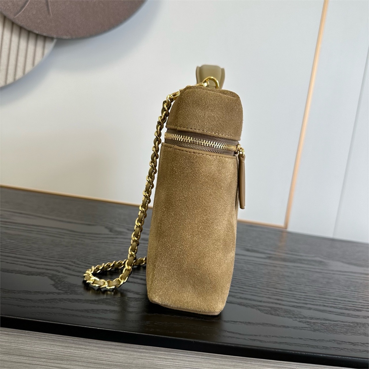 CHANEL khaki suede patchwork glossy leather hand-held rectangular makeup bag