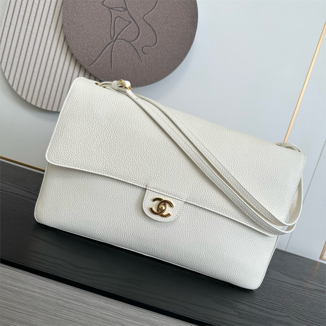 CHANEL milk white caviar cowhide long crossbody envelope French stick bag