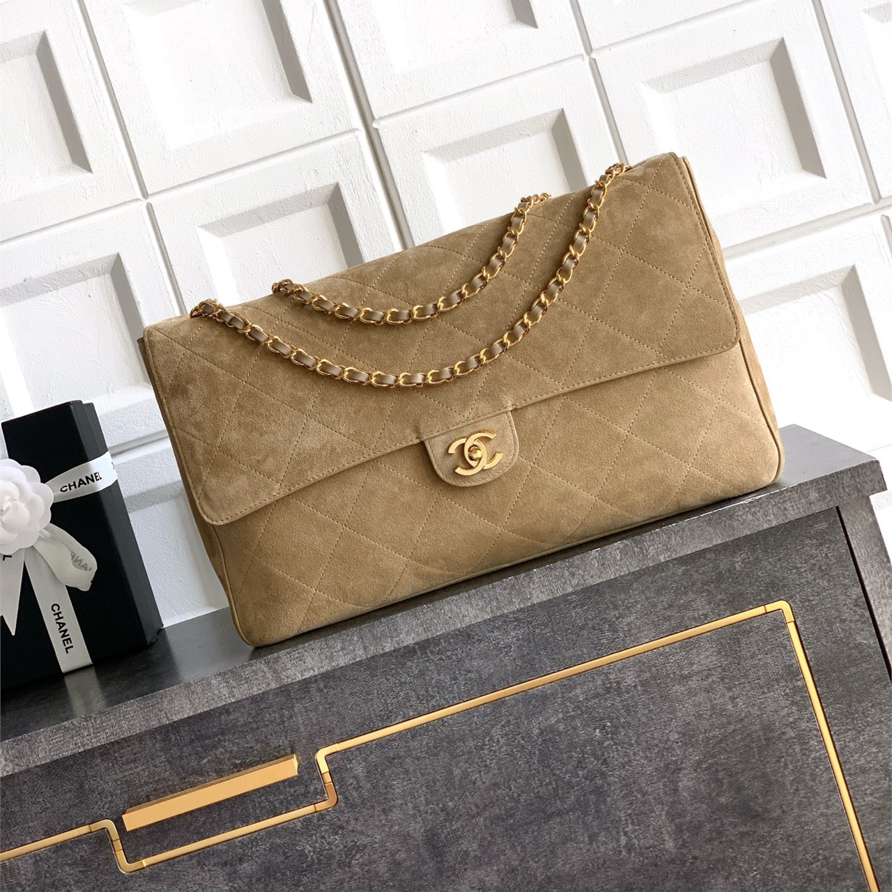 CHANEL khaki suede diamond grid long CF chain underarm bag