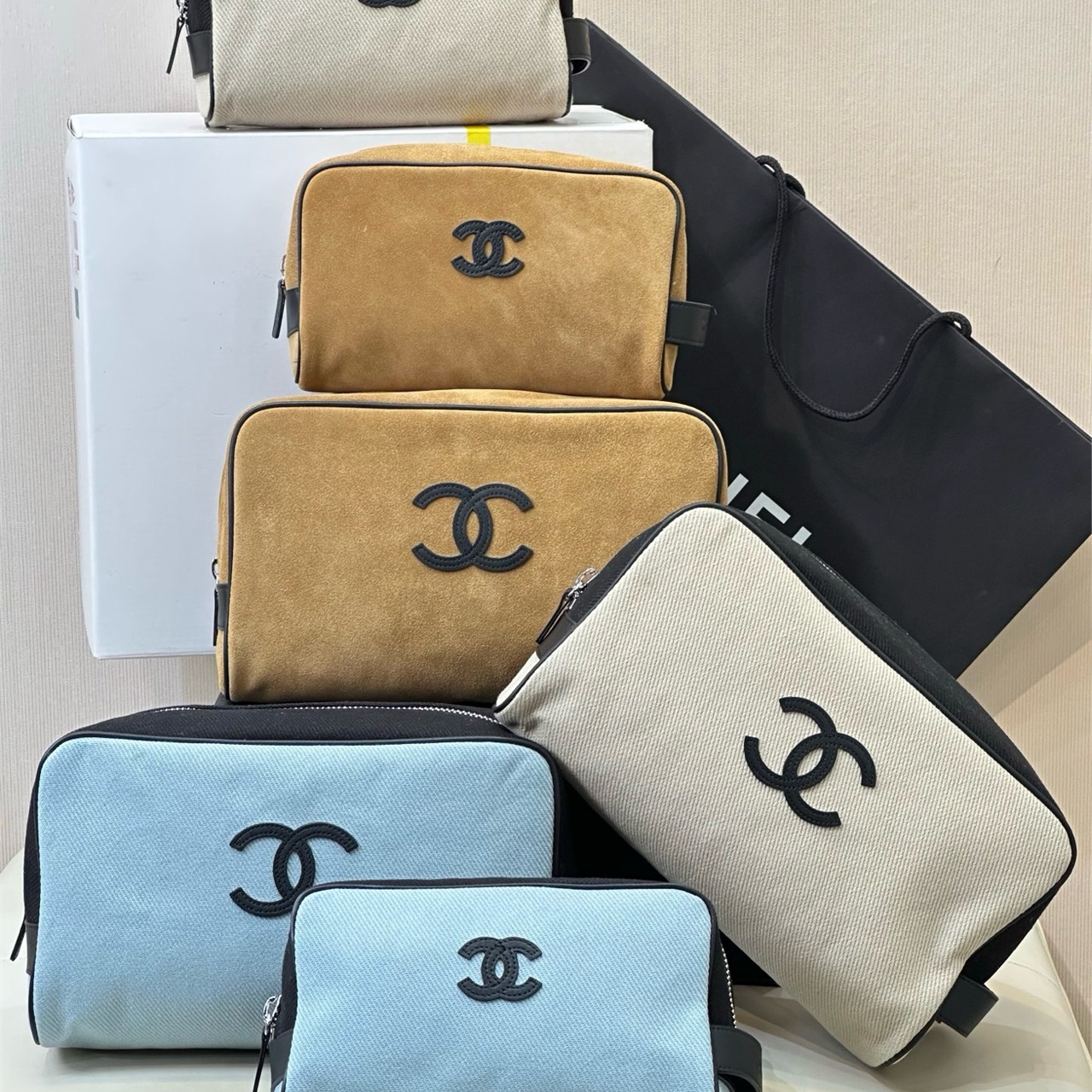 CHANEL white canvas with black leather zipper makeup storage handbag