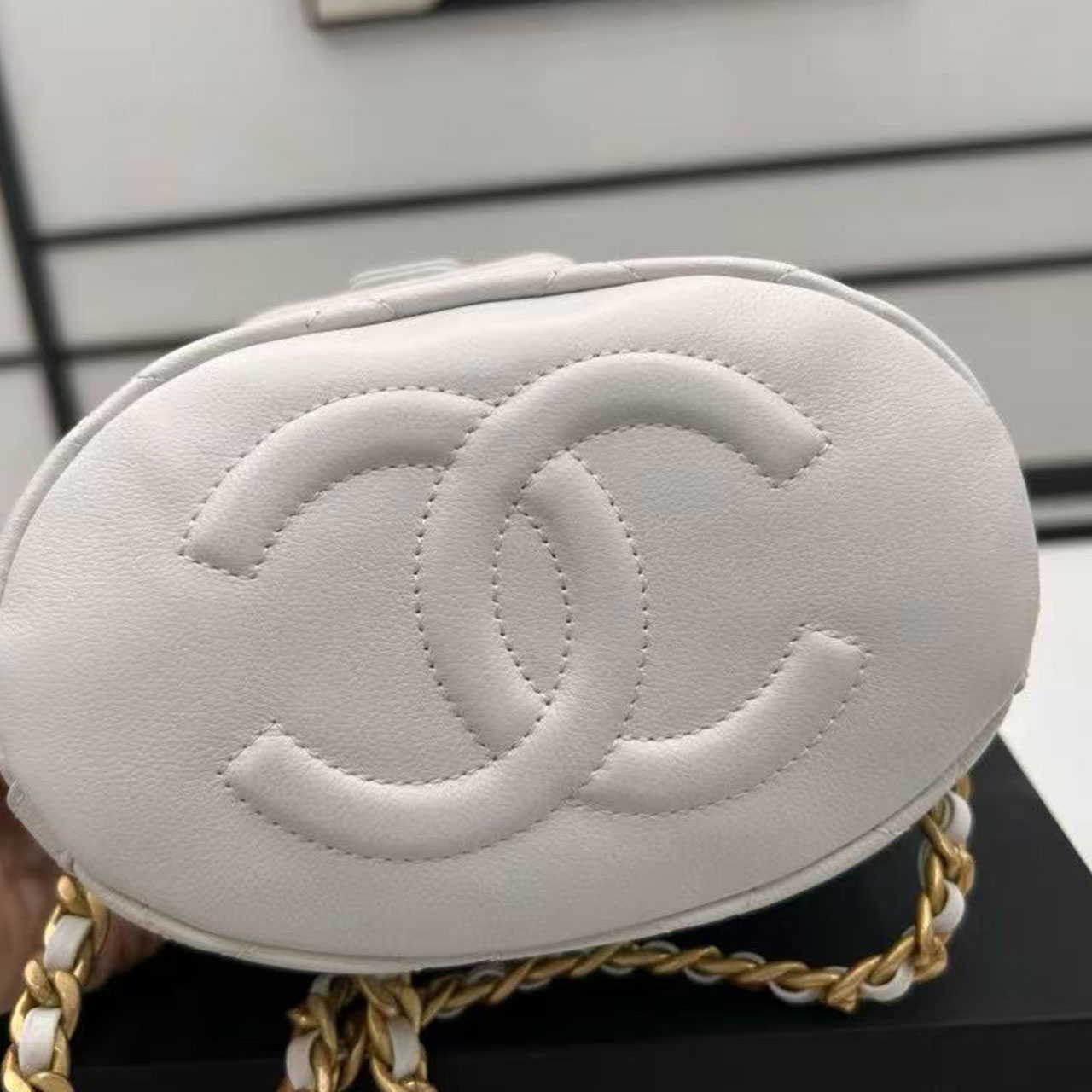 CHANEL milk white caviar diamond grid mini mother and child drawstring bucket bag