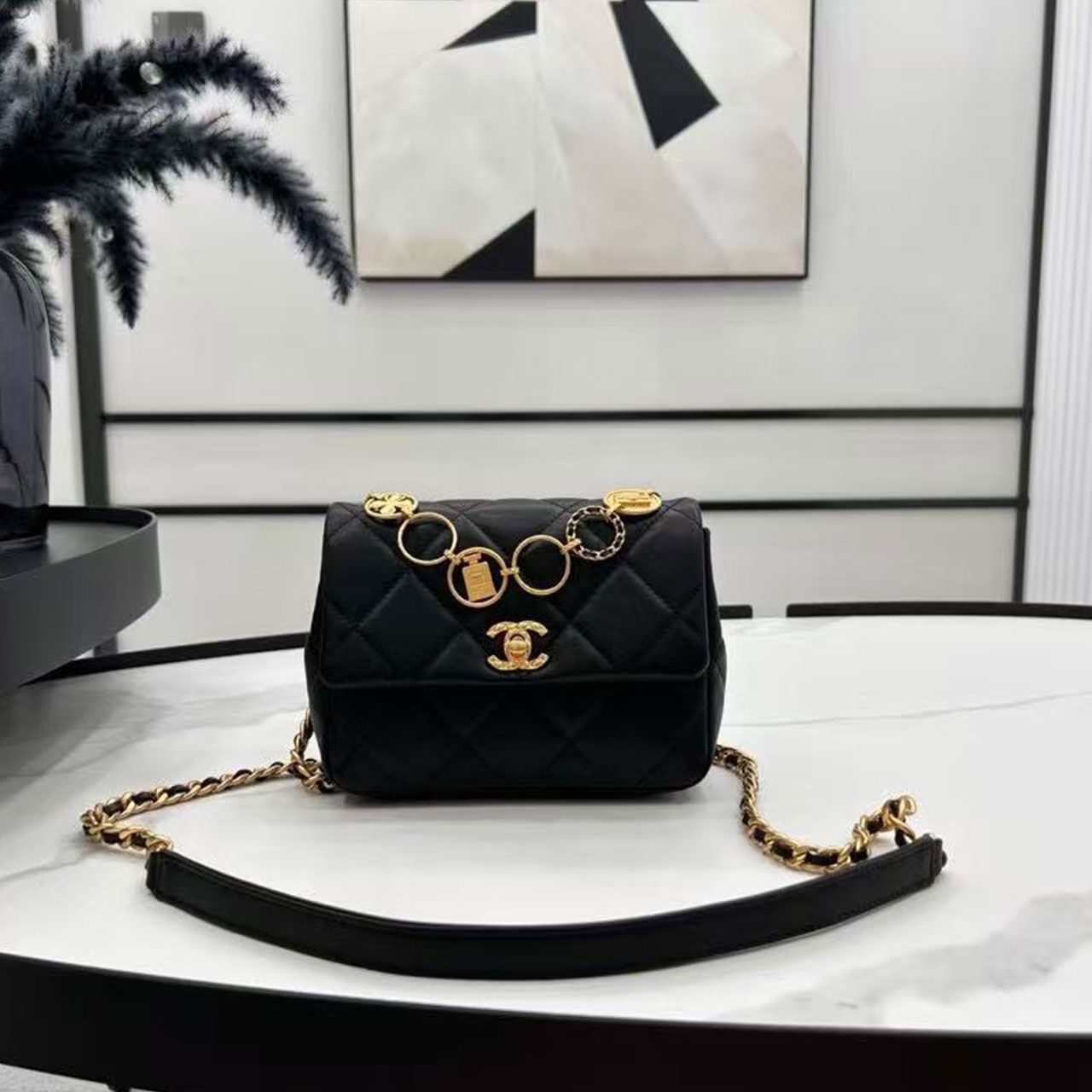 CHANEL Black Lambskin Lingge perfume Bottle Badge CF Flap Chain Bag