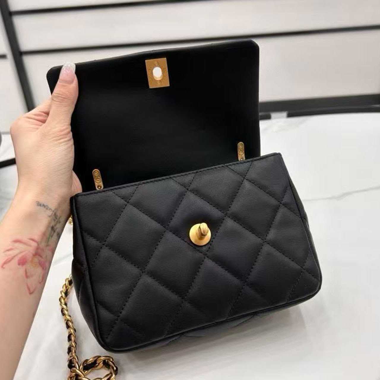 CHANEL Black Lambskin Lingge perfume Bottle Badge CF Flap Chain Bag