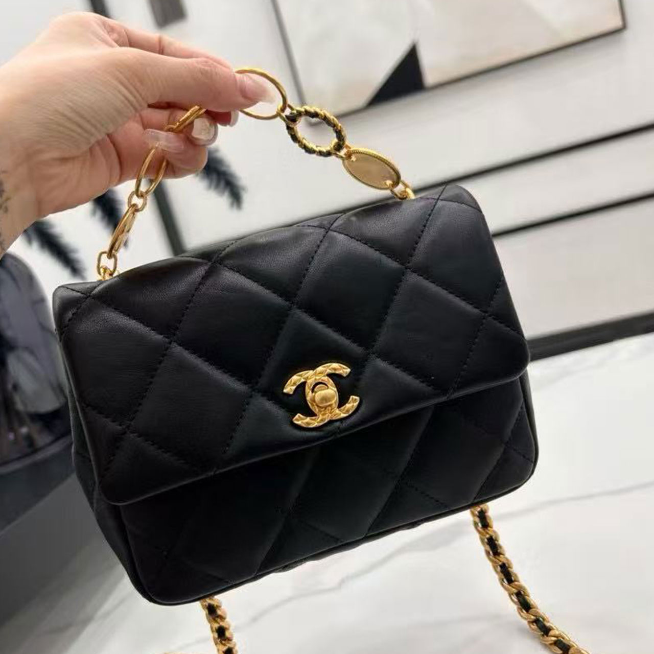 CHANEL Black Lambskin Lingge perfume Bottle Badge CF Flap Chain Bag