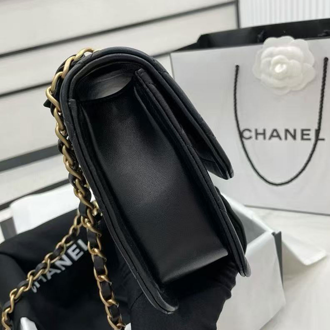 CHANEL Black Soft Light Sheepskin Retro Gold CF Mini Flip Chain Bag