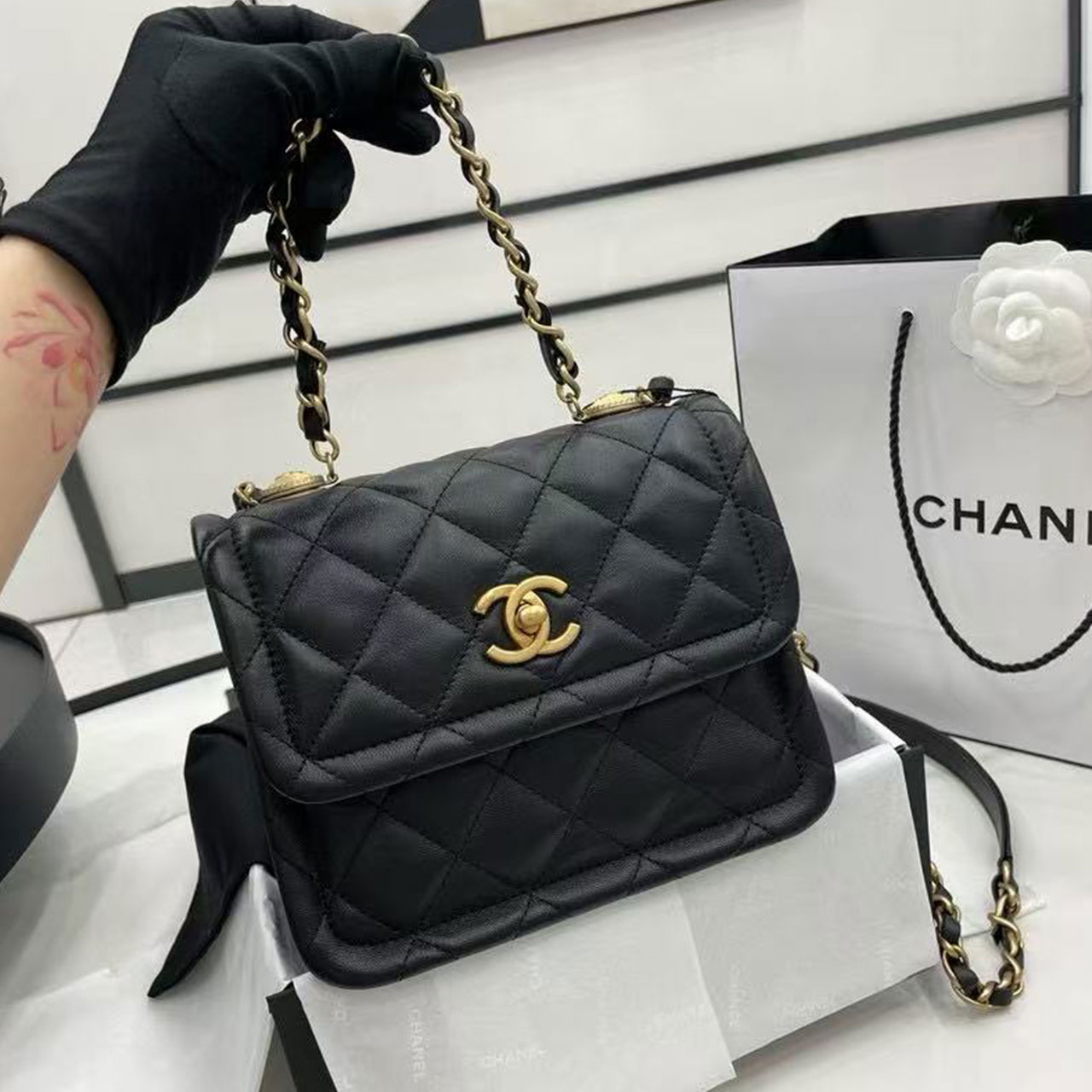 CHANEL Black Soft Light Sheepskin Retro Gold CF Mini Flip Chain Bag