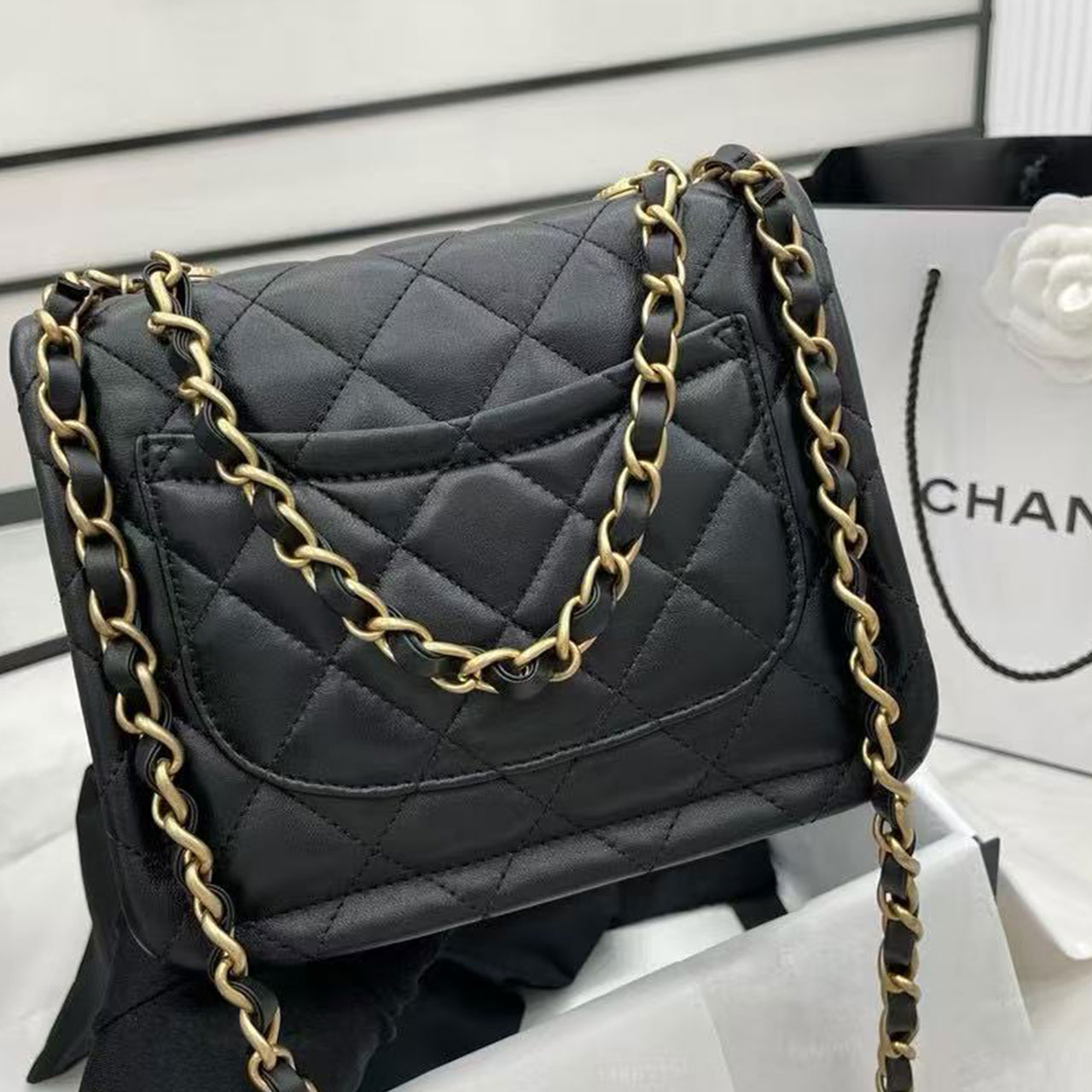 CHANEL Black Soft Light Sheepskin Retro Gold CF Mini Flip Chain Bag