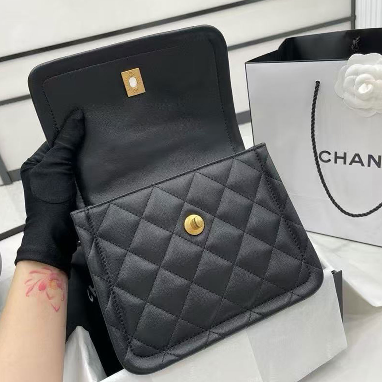 CHANEL Black Soft Light Sheepskin Retro Gold CF Mini Flip Chain Bag