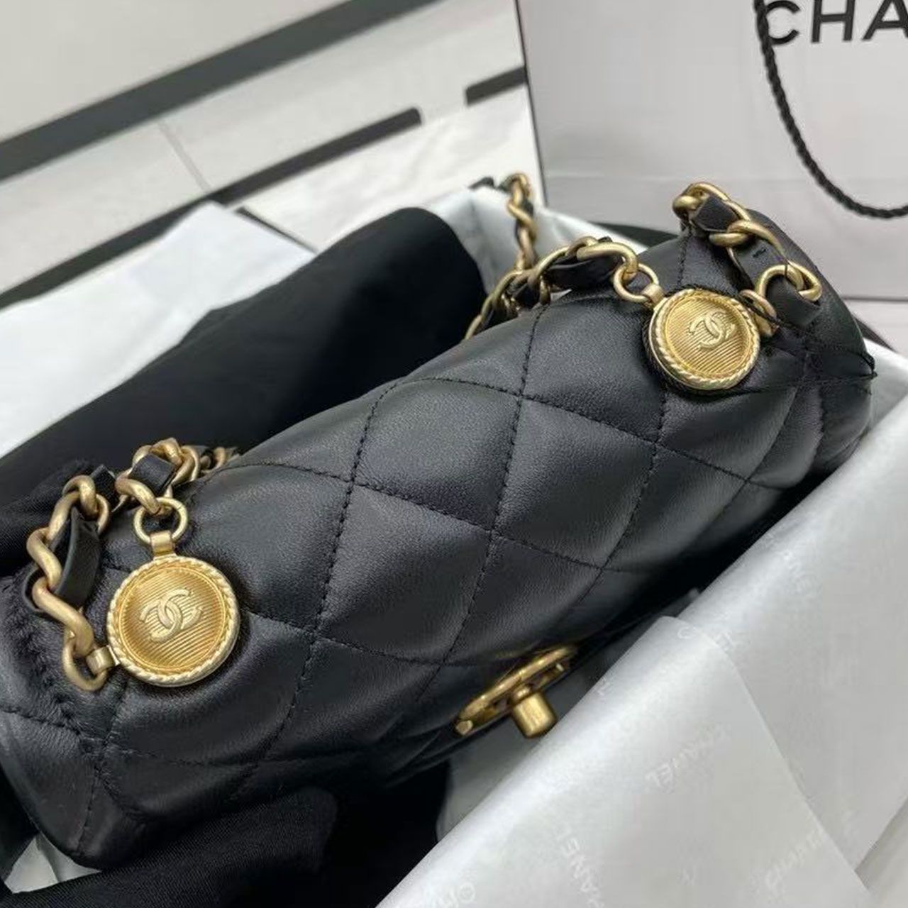 CHANEL Black Soft Light Sheepskin Retro Gold CF Mini Flip Chain Bag