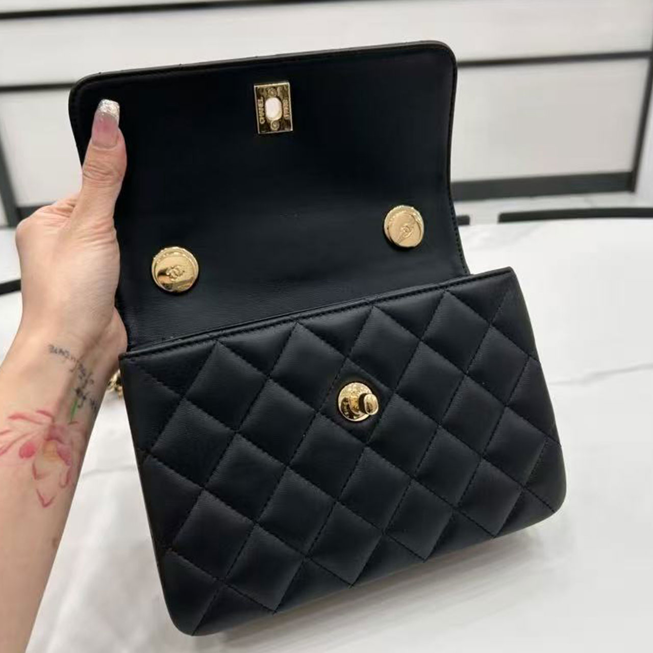 CHANEL Black Soft Light Sheepskin Handheld Square Box Flip Chain Bag