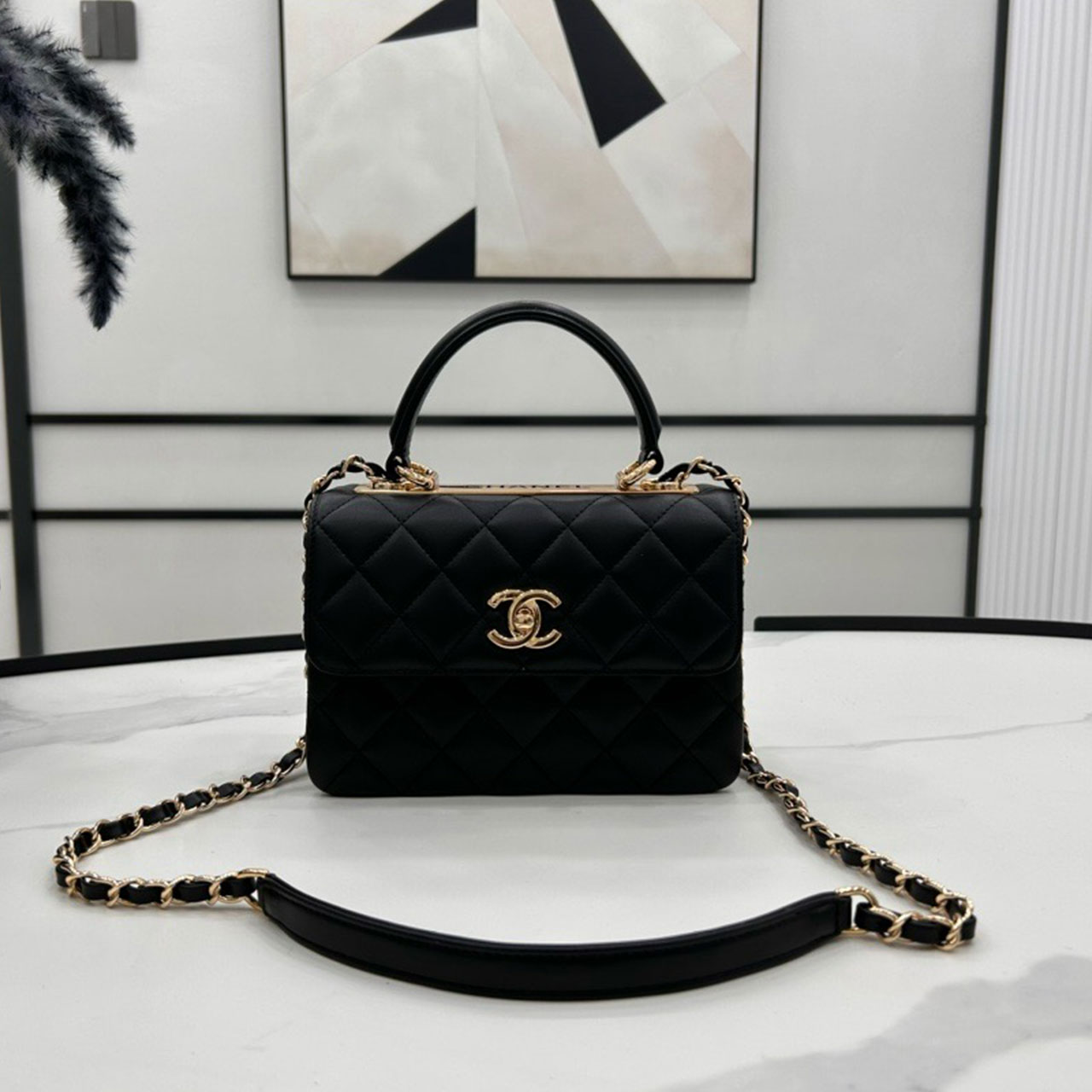 CHANEL Black Soft Light Sheepskin Handheld Square Box Flip Chain Bag