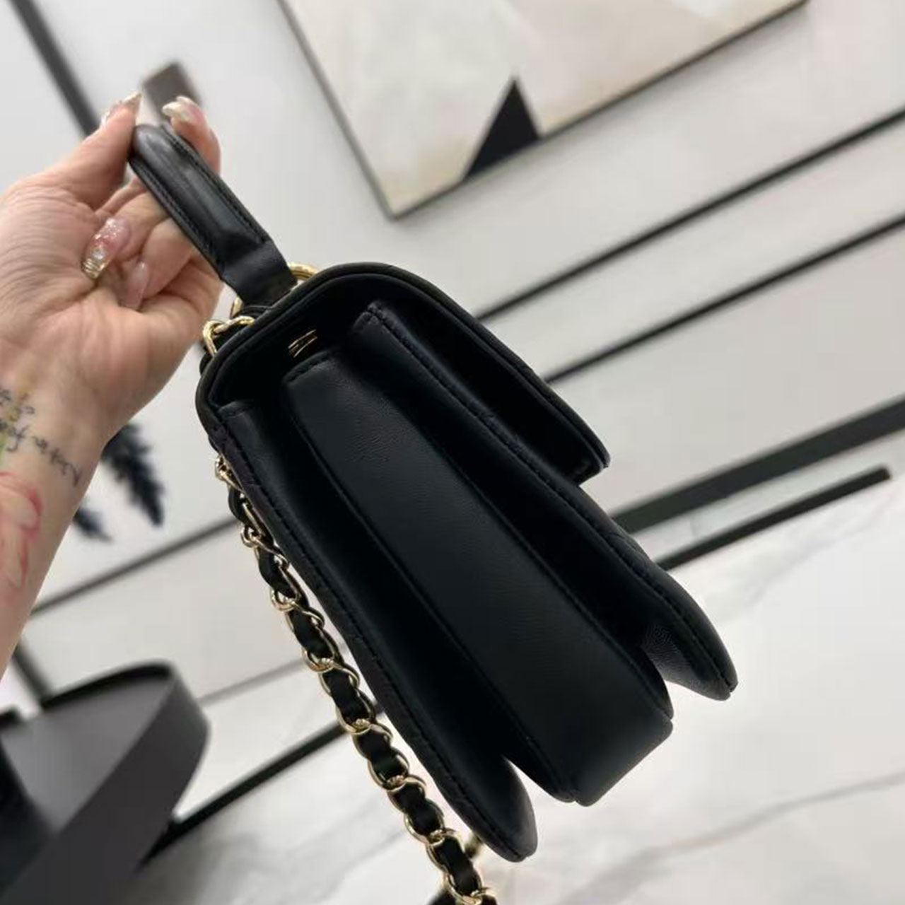 CHANEL Black Soft Light Sheepskin Handheld Square Box Flip Chain Bag